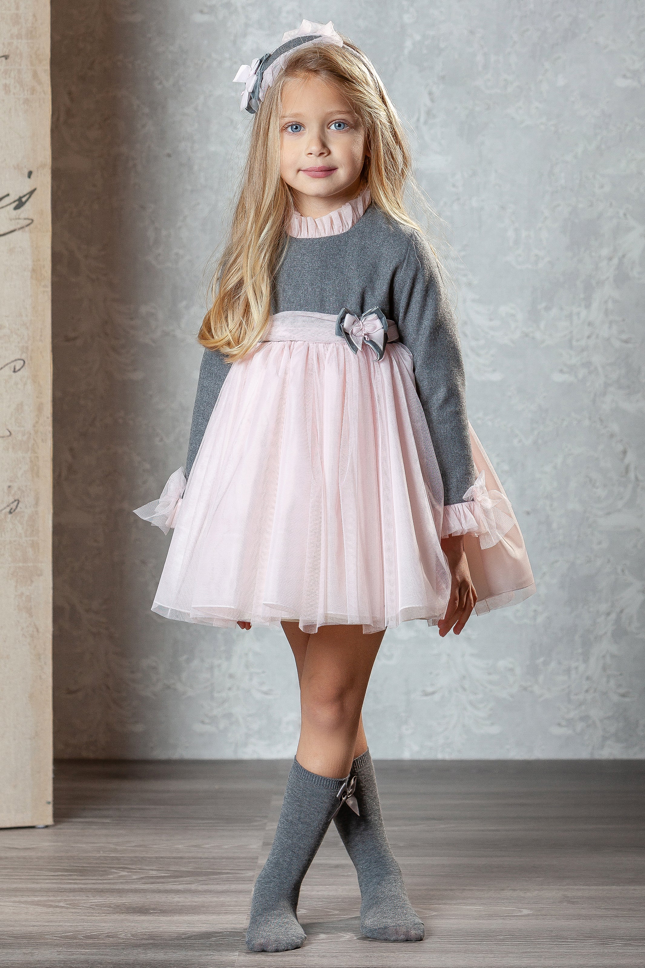 Elegant Vienna Grey & Pink Tulle Dress for Girls - Perfect for Birthday Parties, Pageants & Special Occasions