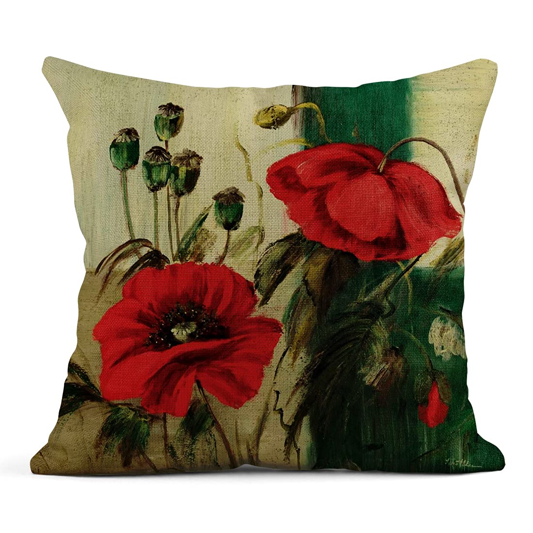 4 Pack 20x20 Inch Red Poppies Floral Linen Throw Pillow Covers - Square Cushion Covers for Sofa, Bed & Couch - Home Decor Accent for Living Room, Bedroom & Dorm