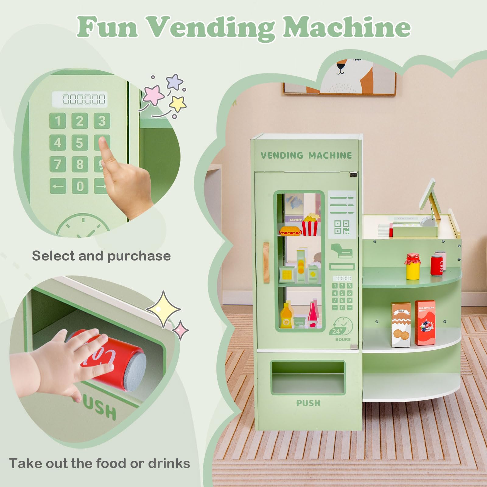 HONEY JOY Wooden Supermarket Playset for Kids - Pretend Play Grocery Store Toy with Cash Register, Vending Machine, Blackboard & Checkout Counter - Educational Role Play Toy for Toddler Boys & Girls (Green) | Perfect for Home, Classroom & Daycare Pretend Play Activities