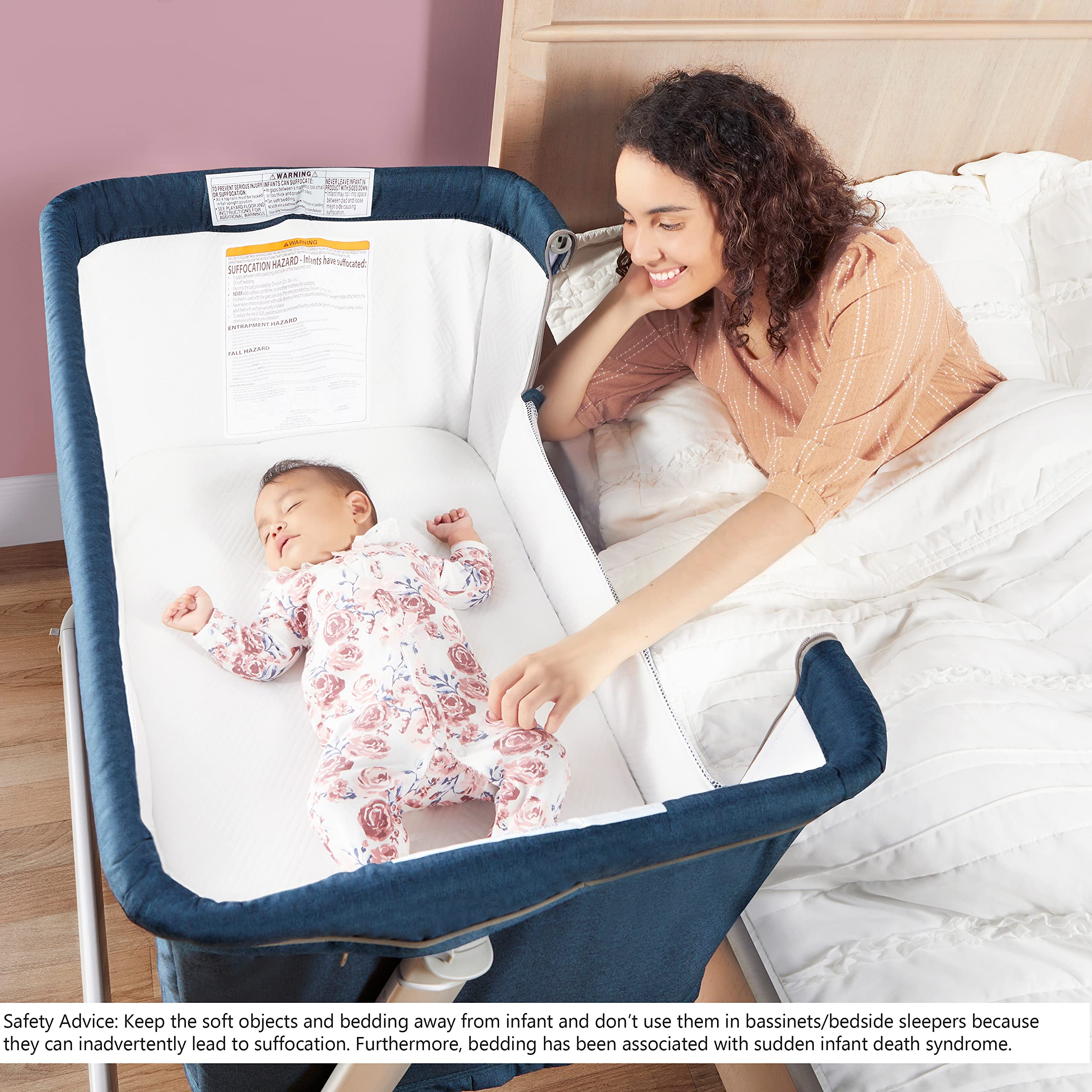 Dream On Me Waves 3-in-1 Baby Bassinet | Adjustable Bedside Sleeper & Playard | 7 Height Positions | Lightweight Portable Crib | JPMA Certified | Perfect for Nursery, Bedroom & Travel