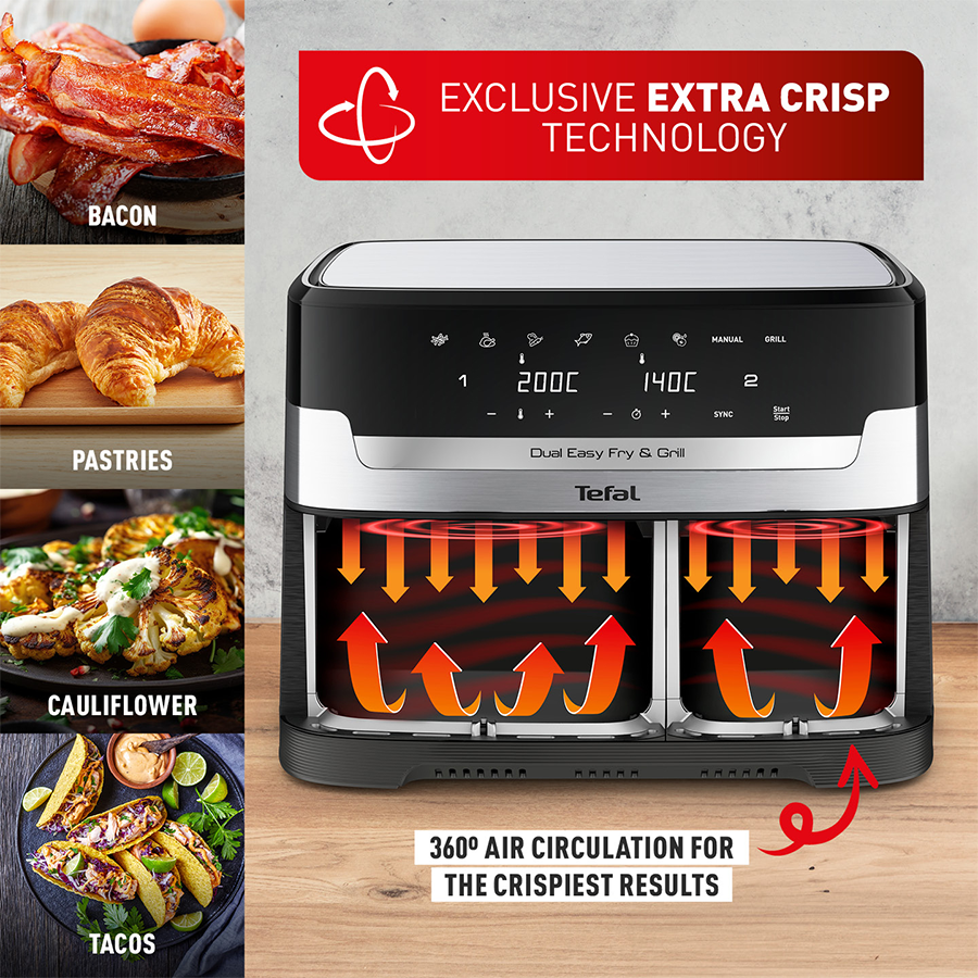 Tefal Dual Easy Fry & Grill Deluxe XXL Air Fryer EY905C - 5.2L Large Capacity, 10-in-1 Airfryer with Grill Function, Digital Touchscreen, 2000W - Perfect for Family Cooking, Healthy Meals & Party Snacks