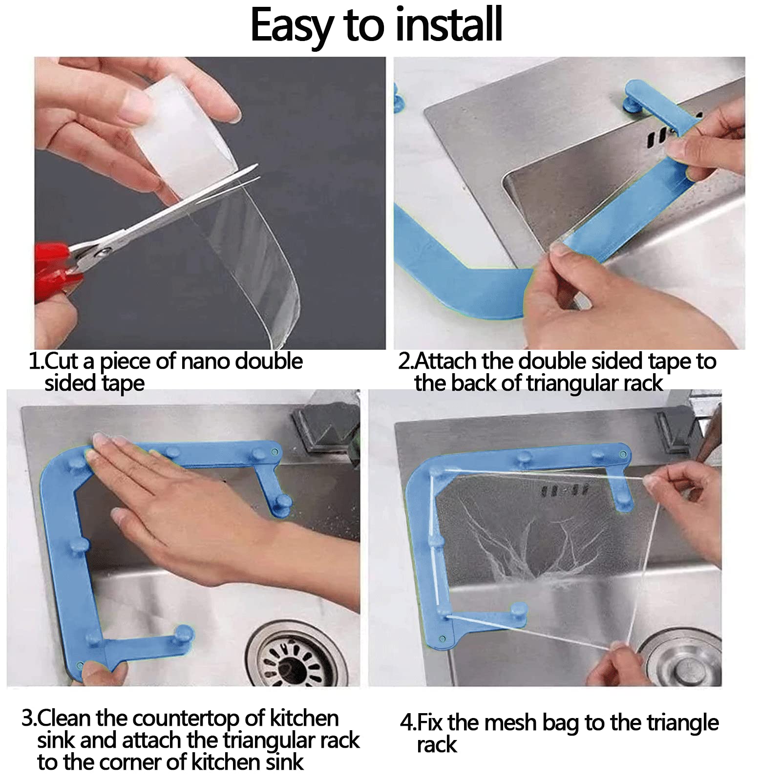 **Triangular Kitchen Sink Strainer with Foldable Blue Rack & 100PCS Large Mesh Filter Bags – Drain Filter for Food Scraps & Leftovers – Perfect for Home, Restaurant & RV Kitchens**