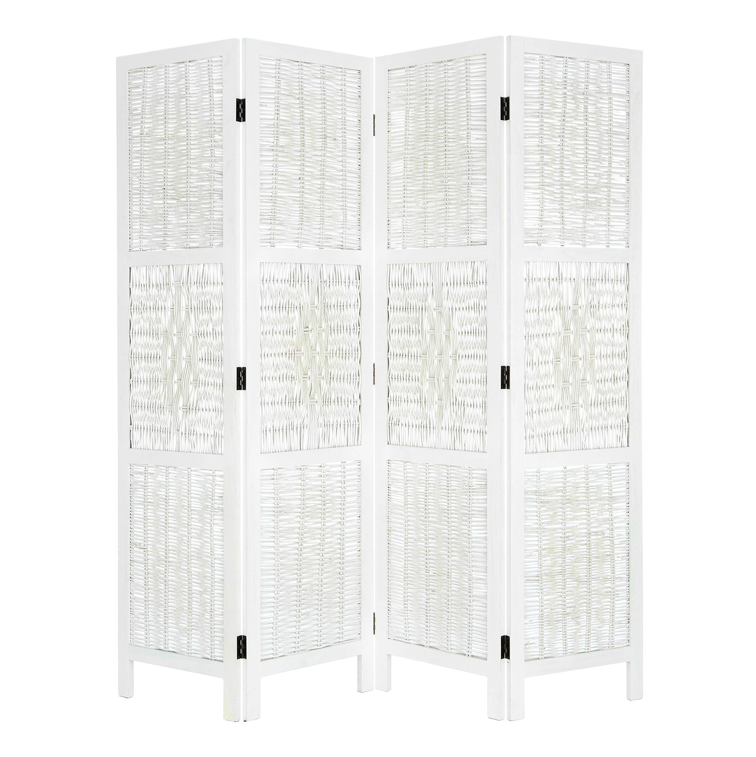 Antique White Wicker Wood Room Divider - 4 Panel Screen for Home Decor