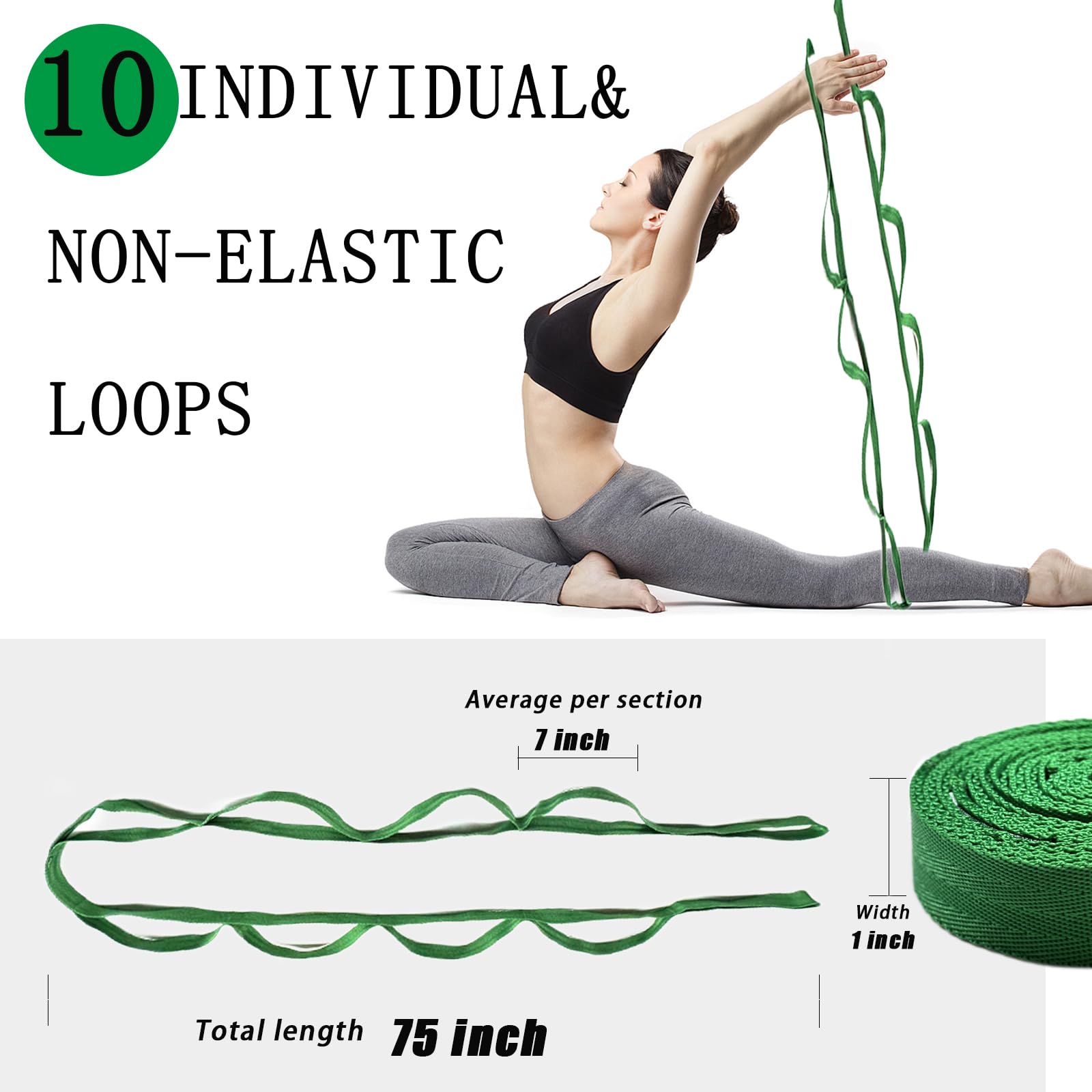 Premium Non-Elastic Yoga Stretching Strap with 10 Loops - Physical Therapy, Home Workout, Pilates & Gymnastics Accessory for Men & Women - Includes Exercise Guide for Flexibility Training, Posture Correction & Rehabilitation