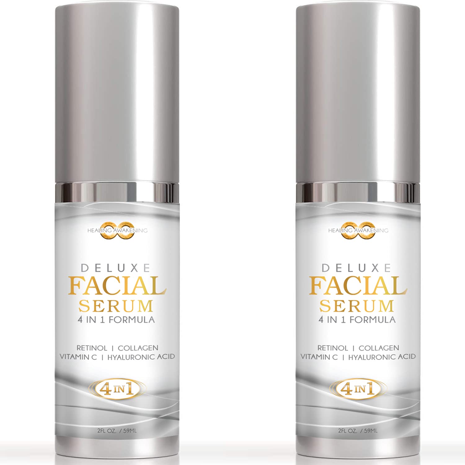 Anti Aging Facial Serum 2-Pack - 4-in-1 Formula with Collagen, Hyaluronic Acid, Vitamin E, Retinol & Vitamin C (2.0 oz Each) for Youthful Skin | Day & Night Moisturizer for Wrinkle Reduction & Skin Rejuvenation
