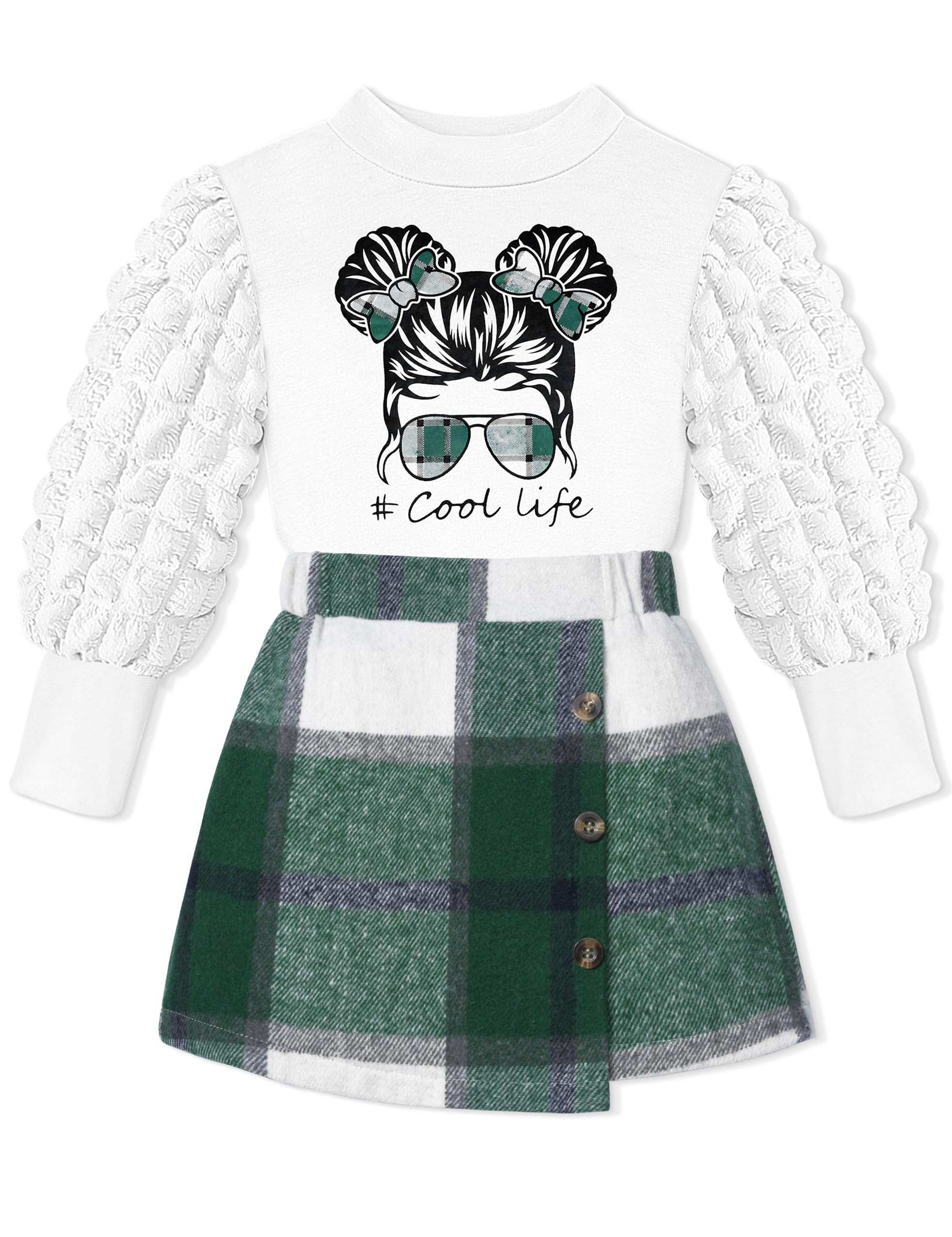 **Toddler Girl Clothes 2-Piece Set - Turtleneck Puff Sleeve Top & Plaid Mini Skirt | Fall Winter Outfits for Girls | Playdate & Holiday Wear**