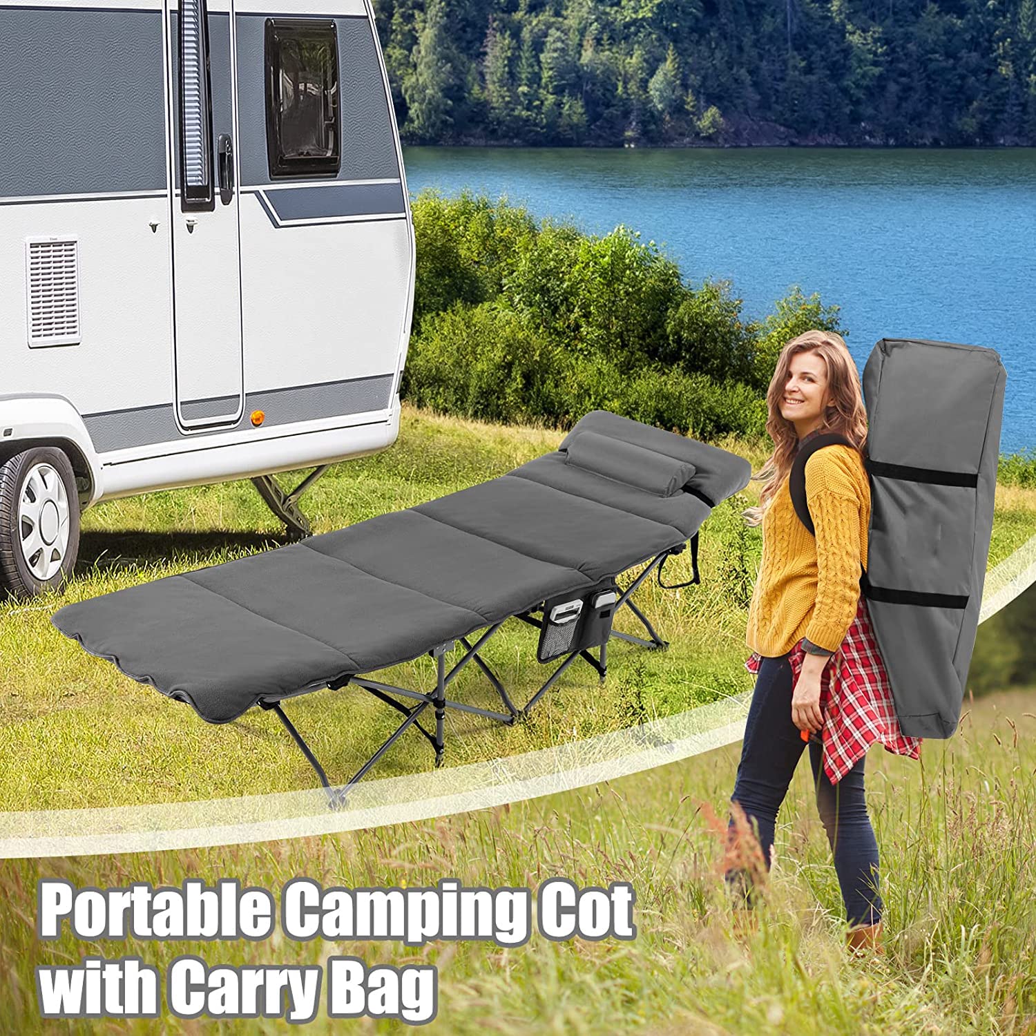 Goplus Heavy-Duty Folding Camping Cot with Mattress & Pillow - Portable Military Sleeping Cot for Adults & Kids, Includes Carry Bag & Storage Pocket - Perfect for Camping, Hiking, Home Office Nap & Outdoor Adventures (Grey)