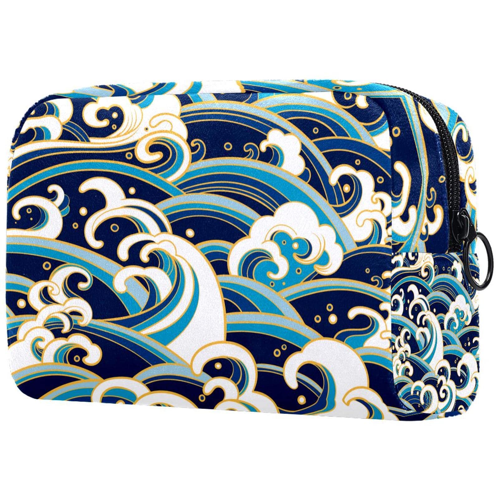 Waterproof Makeup Bag for Girls - Traditional Ocean Waves Design Cosmetic Toiletry Pouch with Cotton Zipper | Perfect for Travel, Business Trips & Daily Use