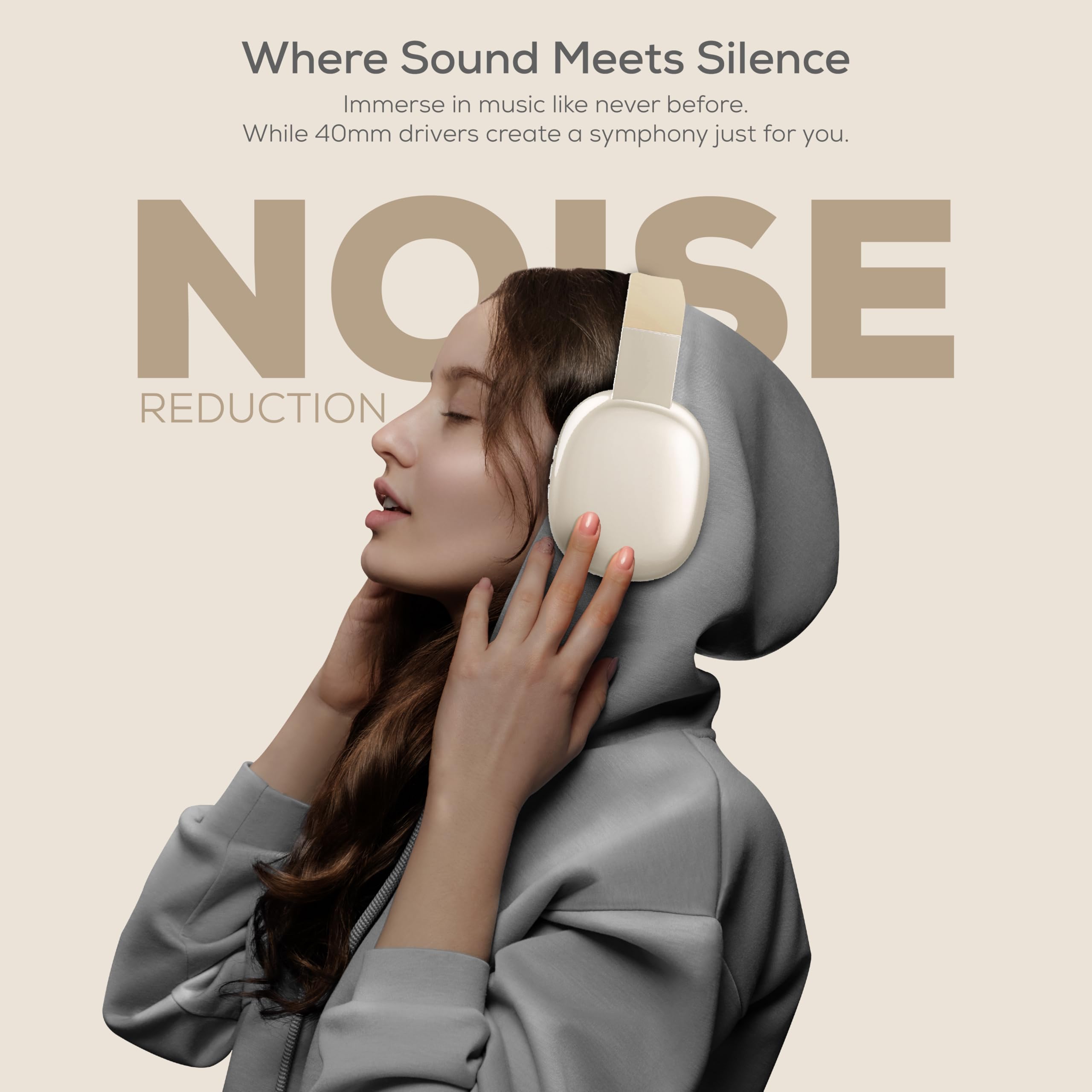Gabba Goods Wireless Over-Ear Bluetooth Headphones with Mic - Noise Cancelling Headset for Travel, Work & Gaming - Bluetooth 5.0, Wired Mode, Built-in Micro SD - Compatible with TV, PC & Smartphones (Beige) | Perfect for Commuting, Office Calls & Entertainment