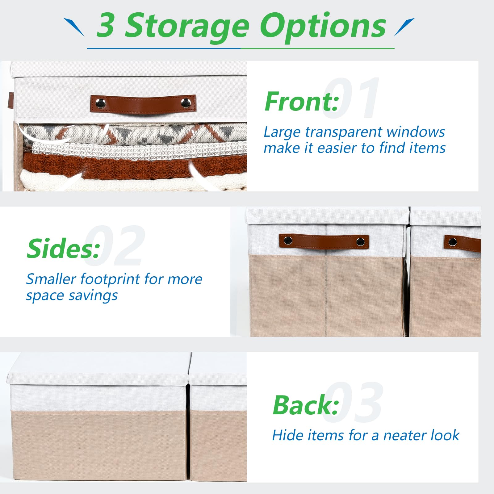 Bidtakay 4-Pack Collapsible Storage Bins with Lids & Clear Windows - 15 x 11 Inch Fabric Closet Organizer with Handles, Foldable Storage Baskets for Shelves, Clothes, Toys & Home Organization (White/Beige) - Perfect for Bedroom, Closet, Nursery & Office Storage Solutions