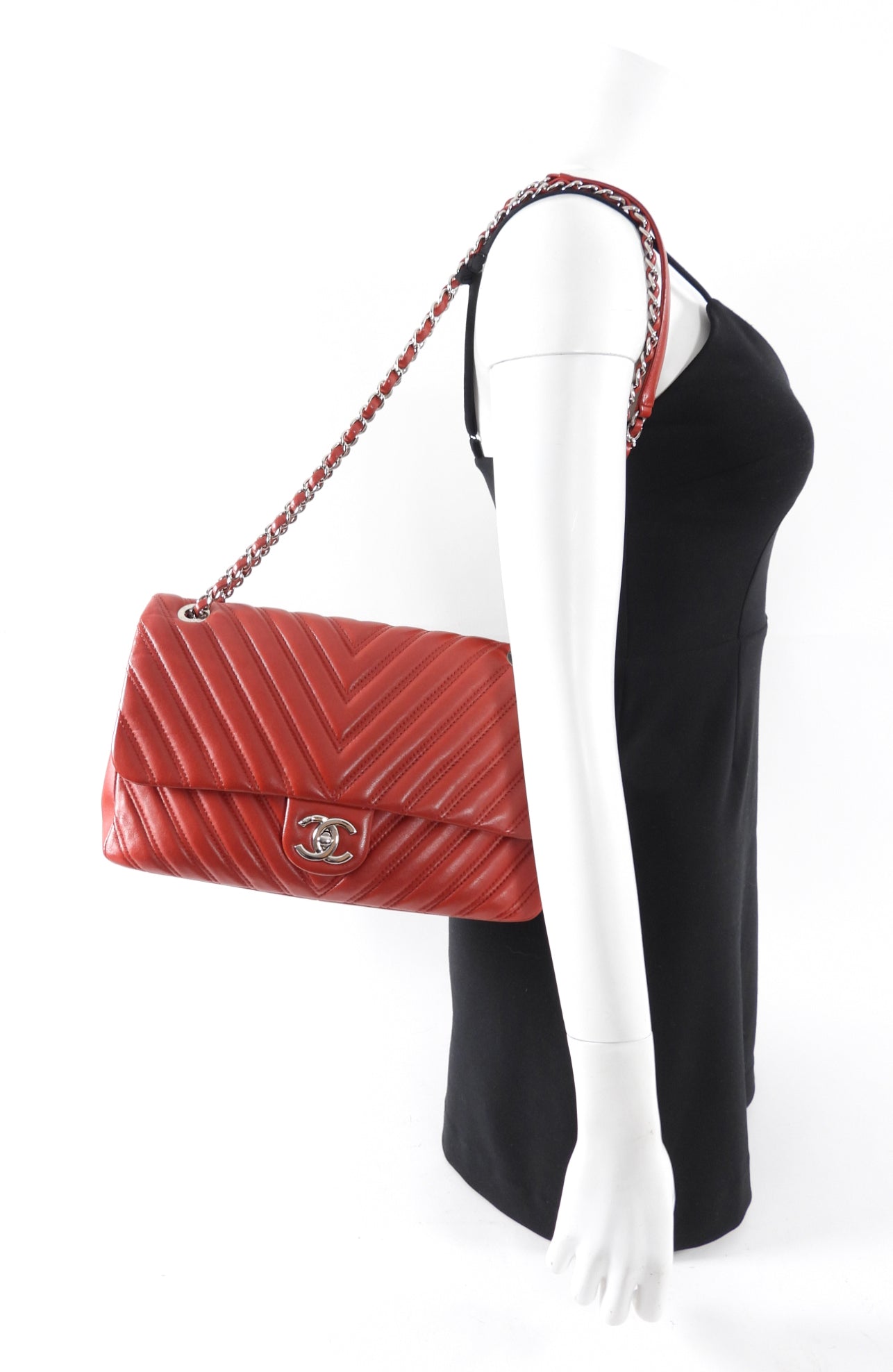 Chanel Red Jumbo Chevron Quilted Single Flap Bag with Silver Hardware - Luxury Designer Handbag for Women, Perfect for Parties, Date Nights & Special Occasions