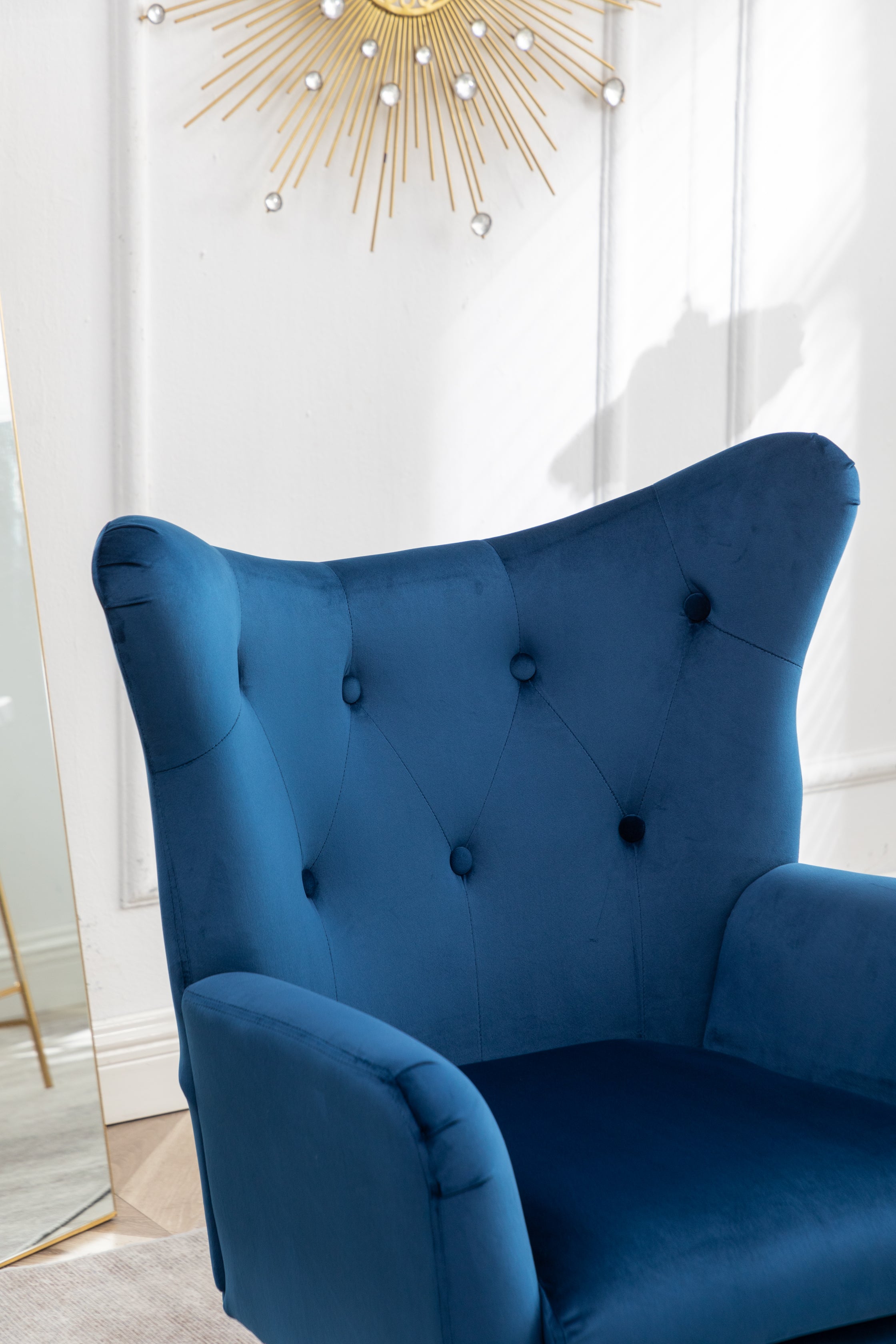 Roundhill Furniture Sovarol Velvet Button Tufted Wingback Accent Chair - Blue Velvet Upholstered Living Room Chair for Home Office, Bedroom & Lounge Decor