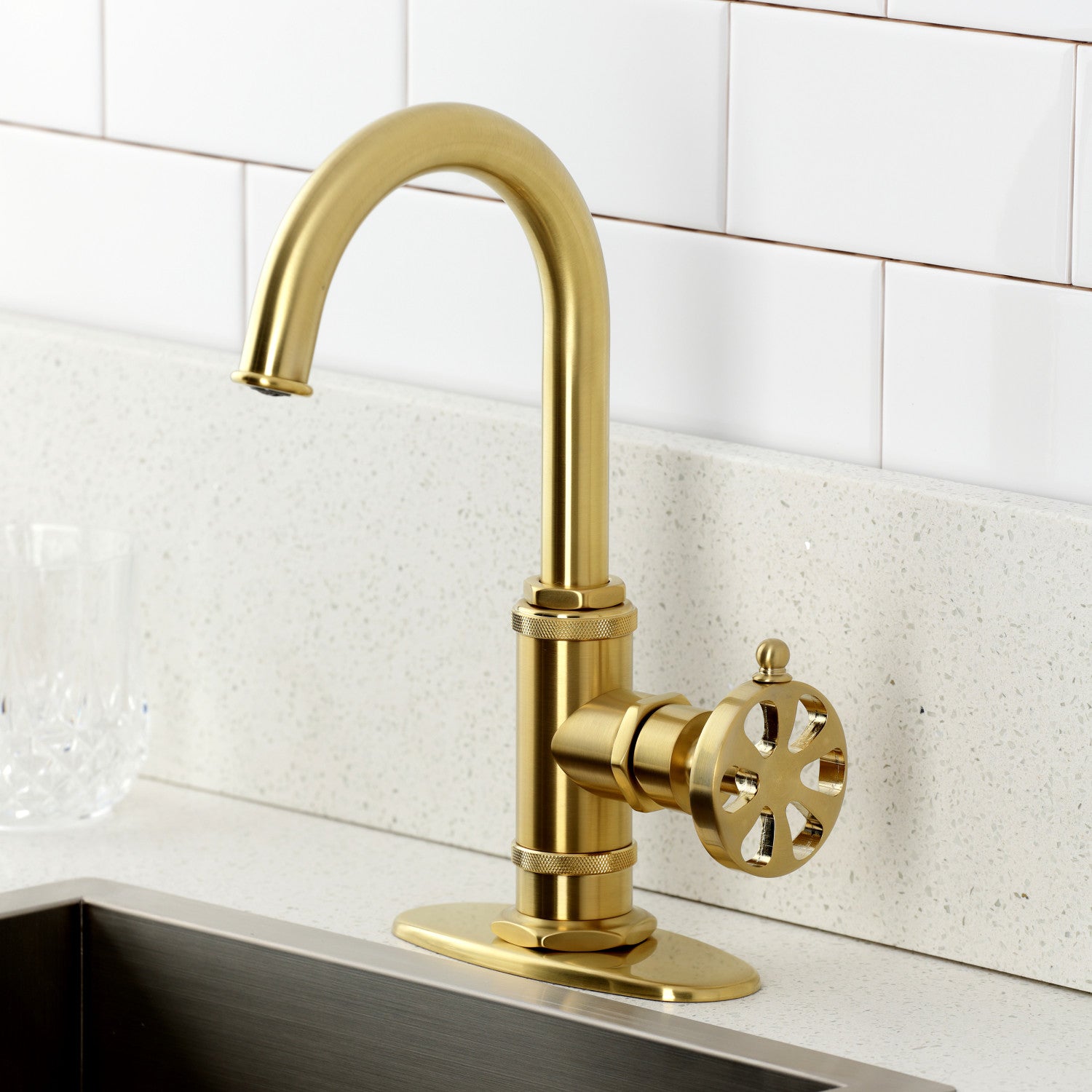 Belknap KSD8507RX Single Handle Deck Mount Bar Faucet in Brushed Brass - Perfect for Kitchen Sinks, Wet Bars, and Outdoor Entertaining Areas