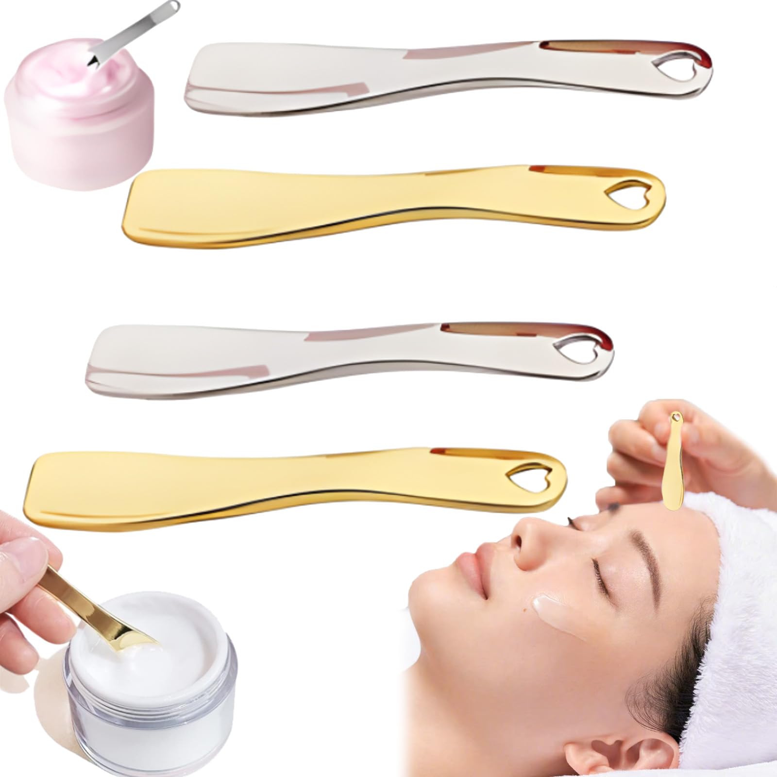 Lankai 4-Pack Cosmetic Spatula Scoops - Small Stainless Steel Makeup Spatulas for Face Masks, Creams & Lotions | Perfect for Mixing Samples & Applying Skincare Products (Silver & Gold) | Ideal for DIY Beauty, Salon Use & Travel Skincare Kits