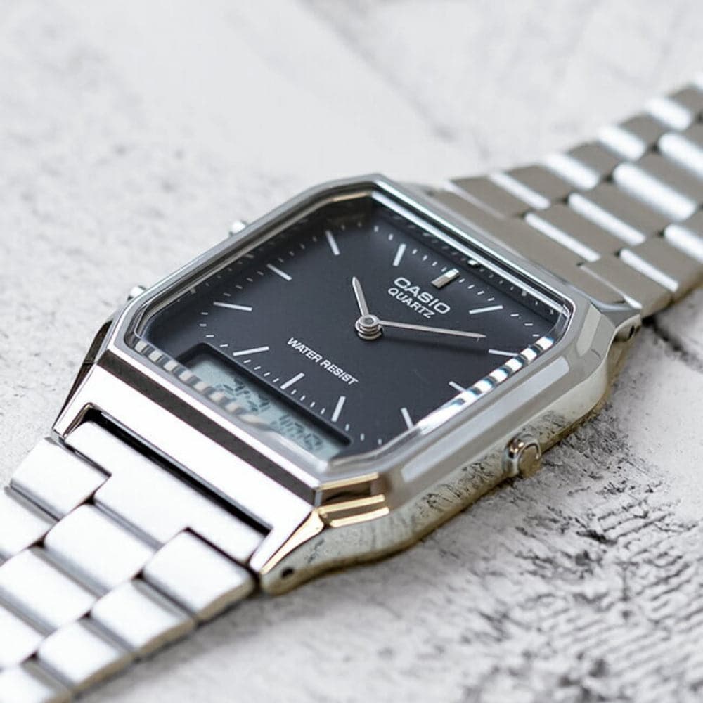 CASIO AQ 230A 1DMQ P Stainless Steel Unisex Watch - Digital Analog Display, Water Resistant, for Men & Women - Perfect for Office, Business, and Everyday Wear