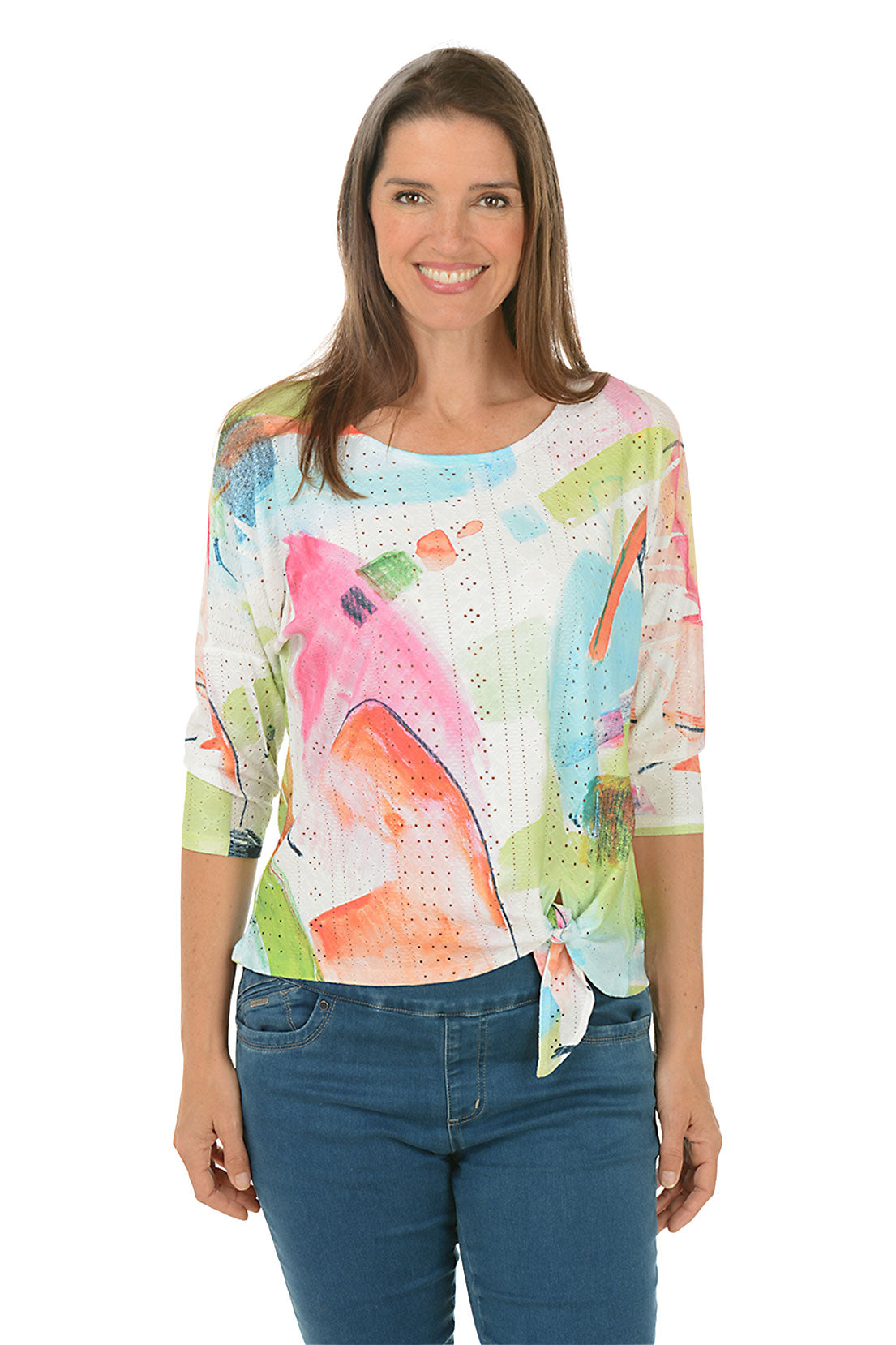 Pastel Paint Eyelet Tie Front Top - Floral Print Blouse for Women | Casual Summer Tunic Shirt | Perfect for Beach Outings, Brunch Dates & Vacation Wear