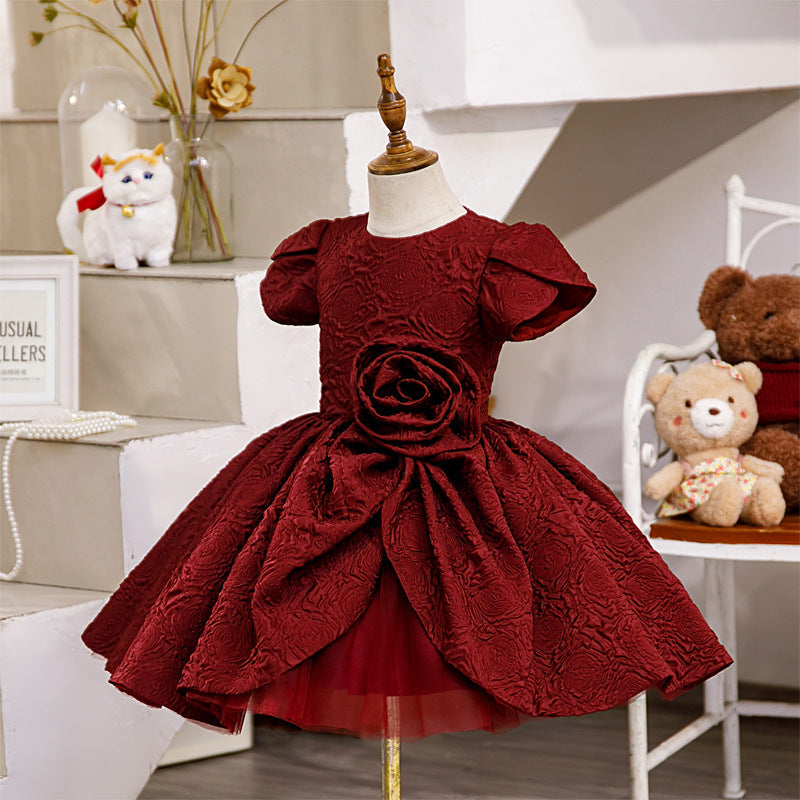 Burgundy Satin Princess Flower Girl Dress with Puff Sleeves - Perfect for Weddings, Pageants & Special Occasions