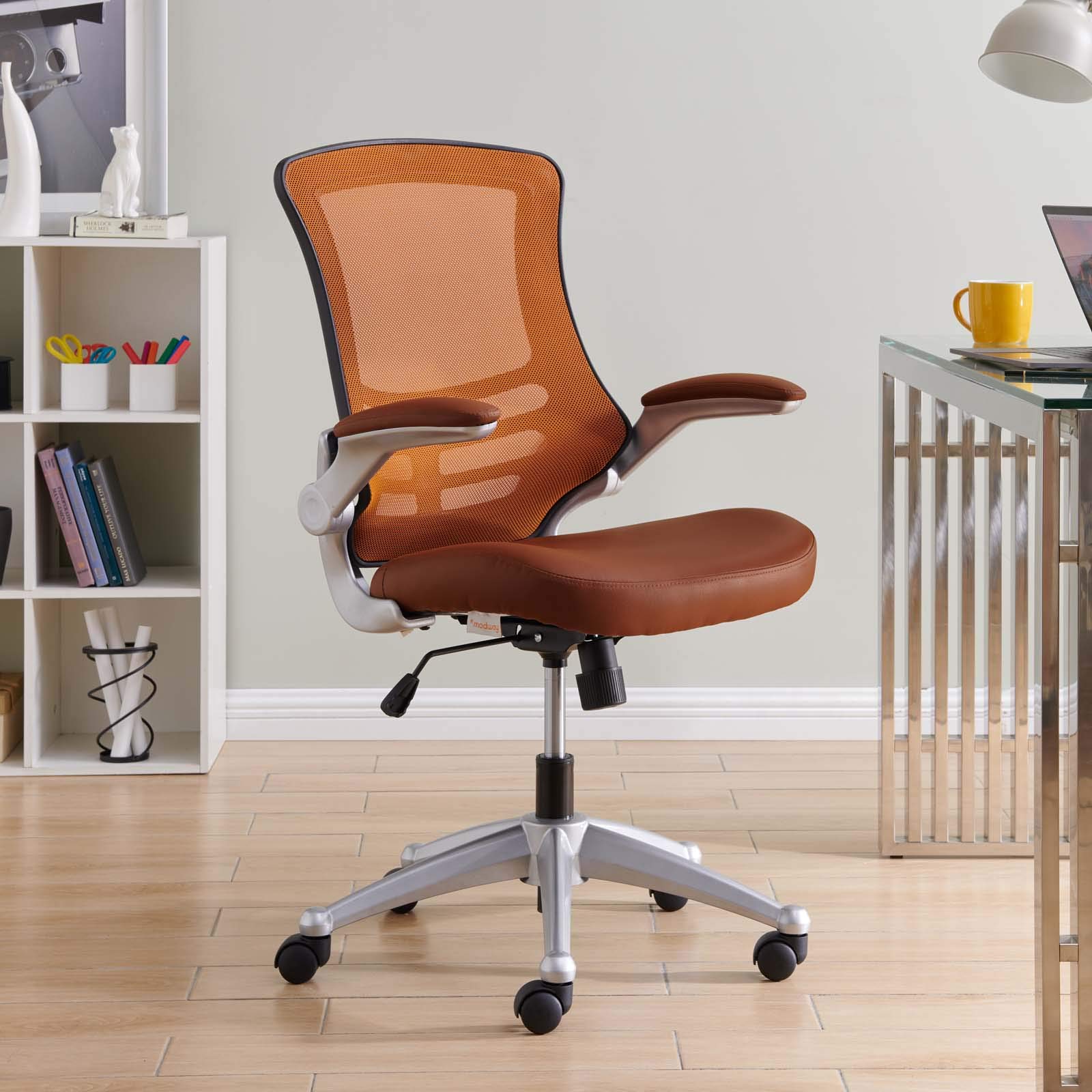 Modway Attainment Ergonomic Mesh Office Chair - Adjustable Swivel Task Chair with Lumbar Support, Breathable Vinyl Upholstery in Tan | Perfect for Home Office, Gaming & Workspace