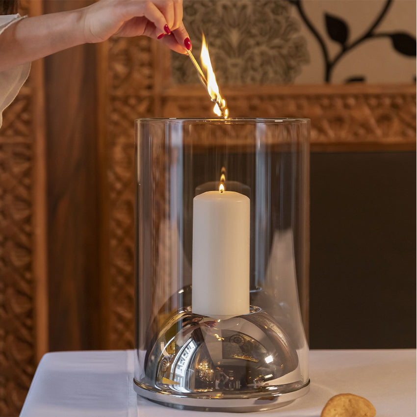 Christofle Oh De Christofle Hurricane Candle Holder - Stainless Steel & Glass Elegant Home Decor for Dining Table, Wedding Centerpiece, and Romantic Ambiance Lighting