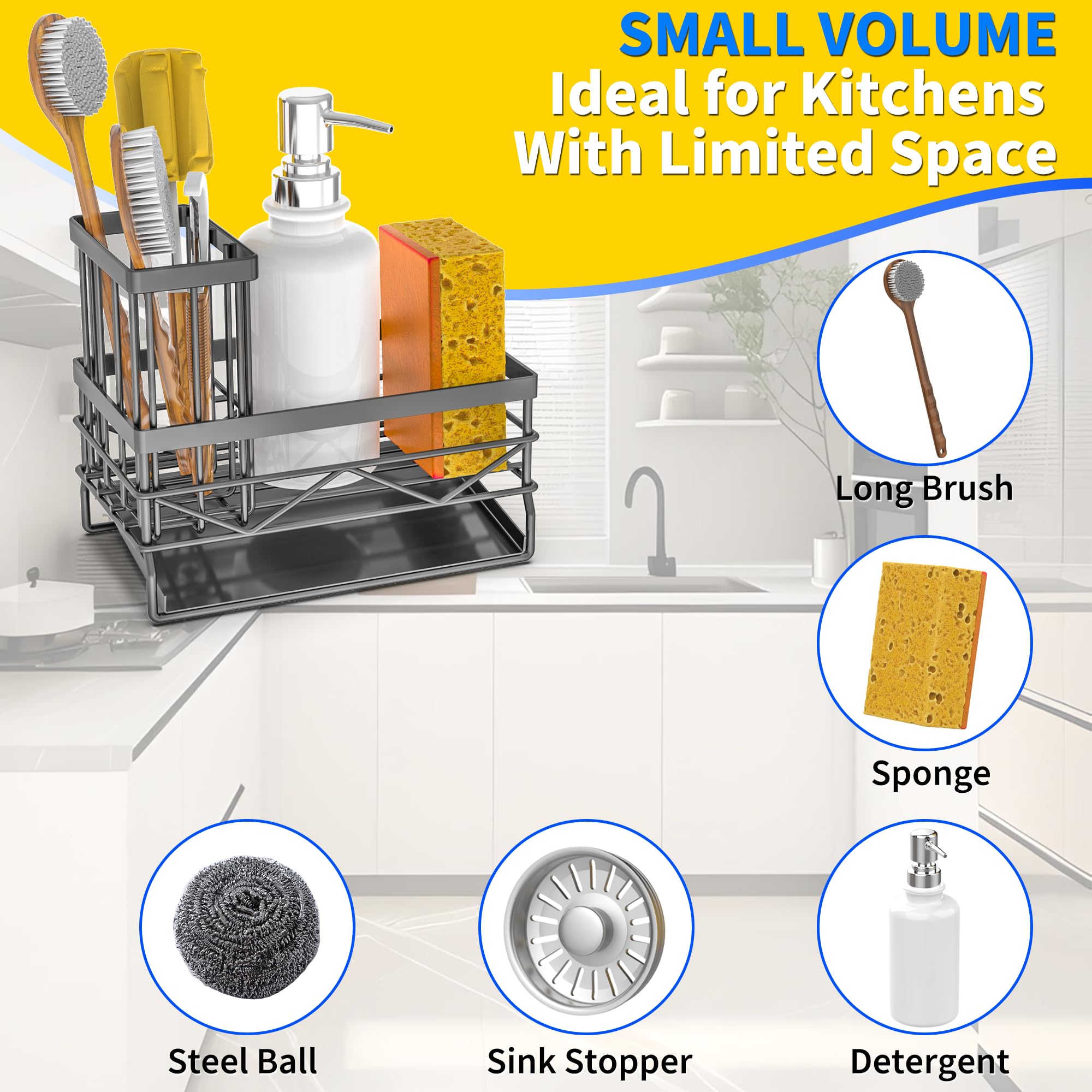 Stainless Steel Kitchen Sink Organizer with Sponge & Brush Holder - Rustproof 304 Sink Caddy for Sponges, Soap & Cleaning Tools | Compact Black Sink Accessory for Organized Kitchen Countertop & Dishwashing Area