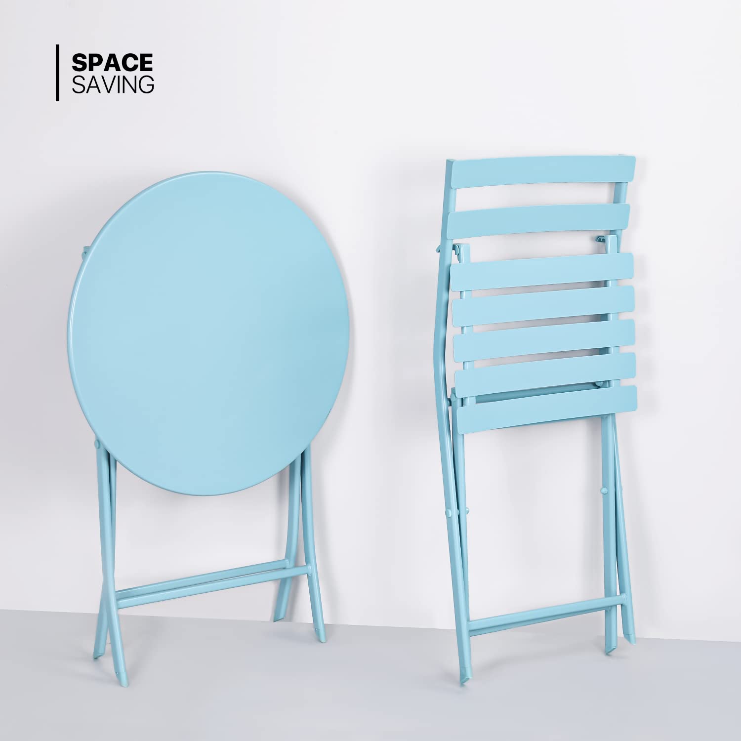 MoNiBloom 3-Piece Outdoor Bistro Set - Foldable Metal Patio Furniture with Round Table & Chairs for Porch, Yard, Balcony, Garden - Blue | Perfect for Small Spaces, Coffee Breaks & Outdoor Dining
