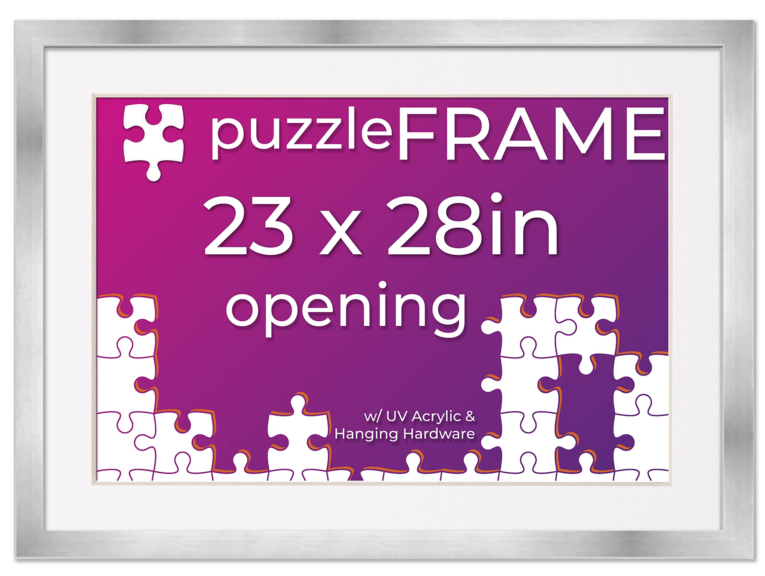23x28 Jigsaw Puzzle Frame Kit with Puzzle Glue Sheets, Silver Wood Frame & White Mat - Complete Display Solution for Finished Puzzles | Perfect for Home Decor, Gifts & Puzzle Preservation