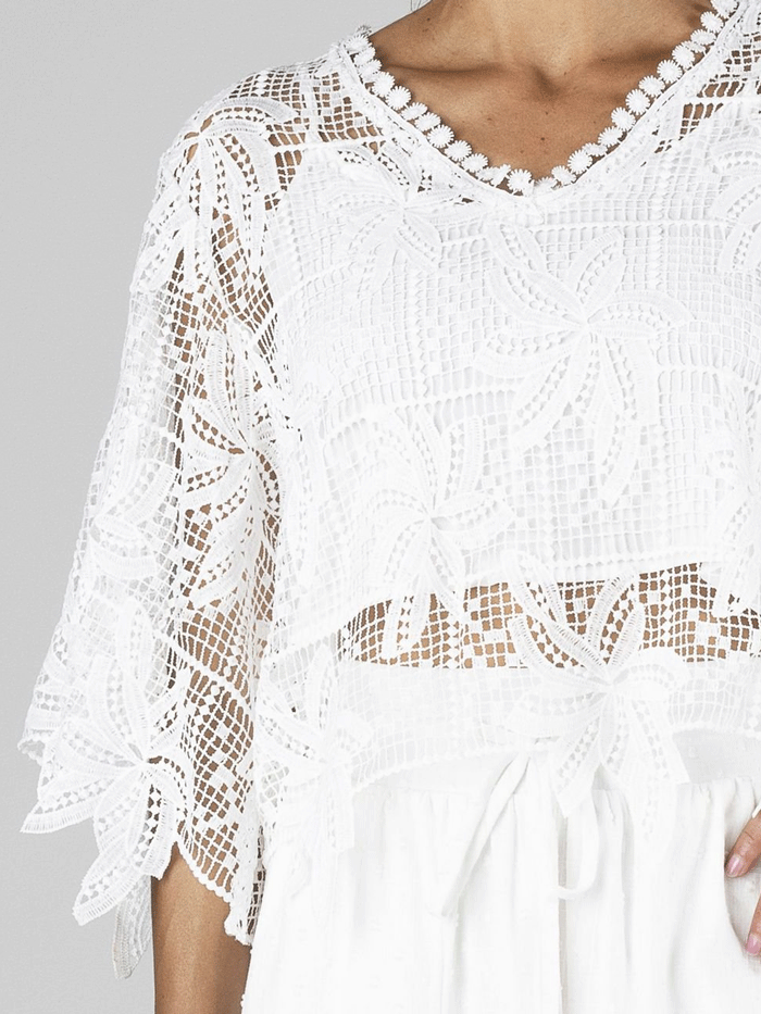 Miss Me MT2884L Women's Cropped Crochet Flowy Top - White | Boho Chic Summer Blouse for Beach, Music Festivals & Casual Outings