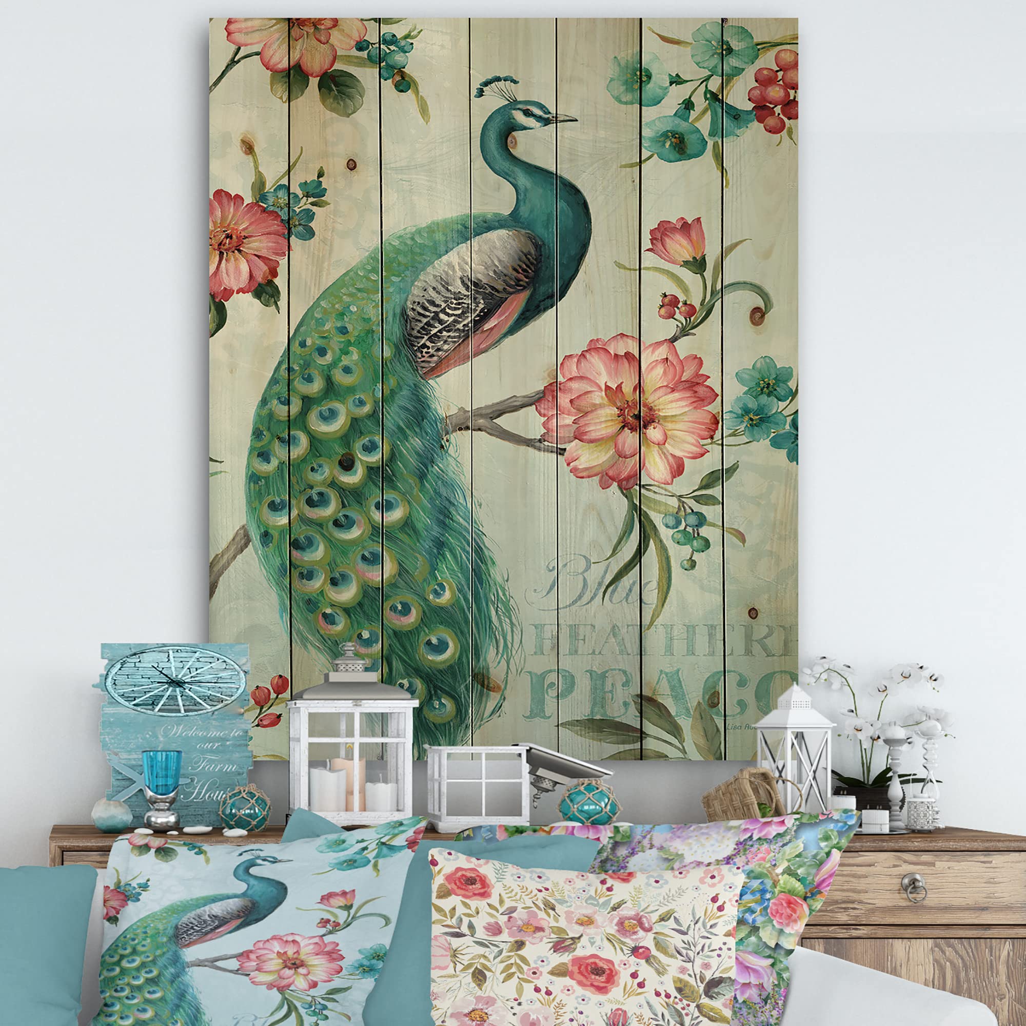 DesignQ Peacock Traditional Wood Wall Decor - Green Wood Wall Art with Large Animal Print on Natural Pine Wood - Perfect for Living Room, Bedroom & Home Office Decor