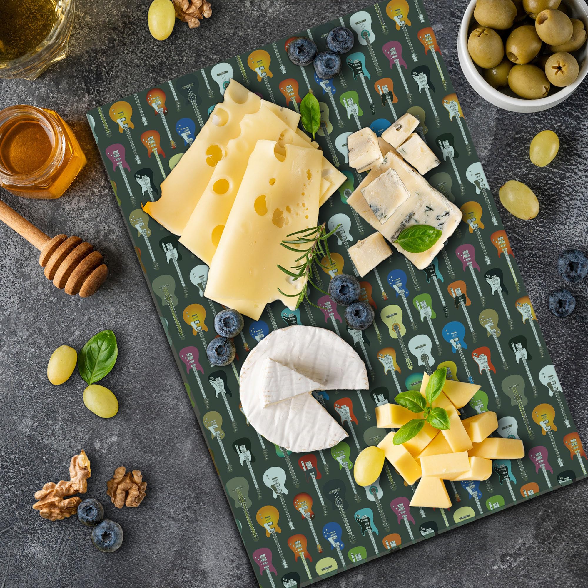 Ambesonne Guitar-Themed Tempered Glass Cutting Board - Large Decorative Serving Tray for Kitchen & Dining - Grunge Music Design with Strings & Songwriting Elements - Perfect for Musicians & Music Lovers - Ideal for Charcuterie, Cheese Serving & Home Decor