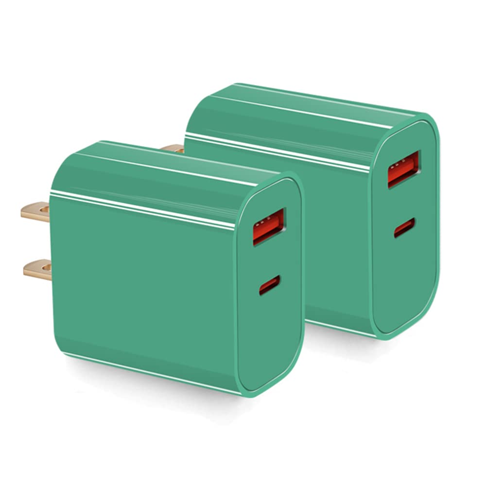 20W USB C Fast Charger Block Dual Port - Compatible with iPhone 13/12/11/X Series & iPad - Green Wall Adapter for Home, Office & Travel Charging
