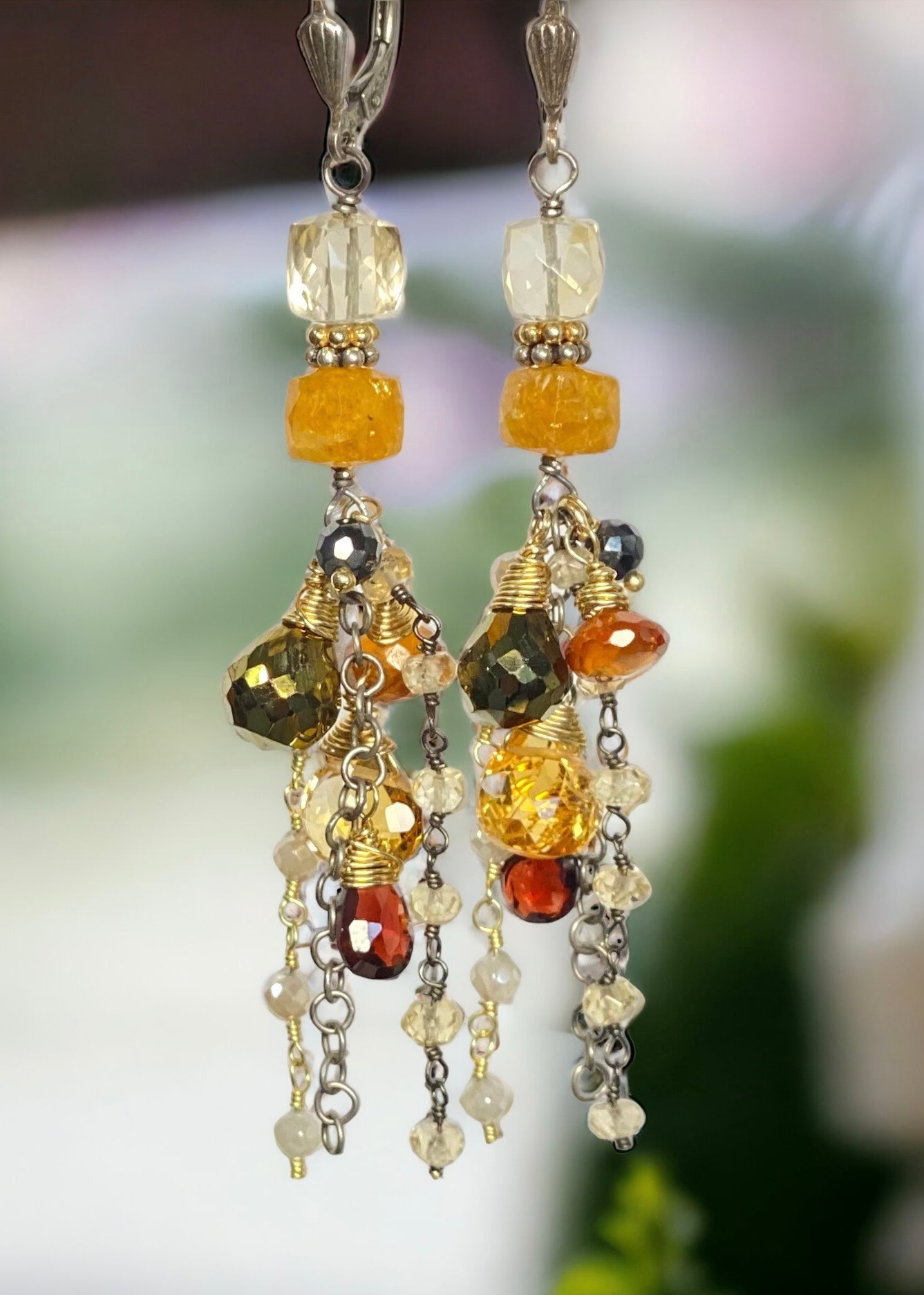 Oxidized Silver & Gold Fill Citrine Garnet Mixed Metal Long Boho Dangle Earrings for Women | Bohemian Jewelry for Parties, Weddings & Everyday Wear