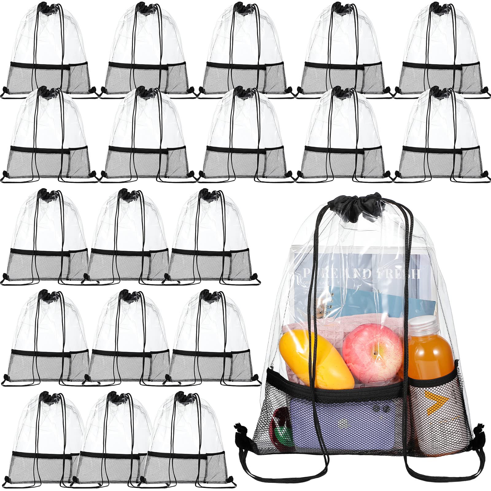 20 Pack Clear Drawstring Bags Bulk - Waterproof PVC Plastic String Backpacks for Travel, Sports Events & Concerts | Stadium Approved Sling Bags for Beach, Swimming & Festivals | Perfect for Outdoor Activities & Event Essentials