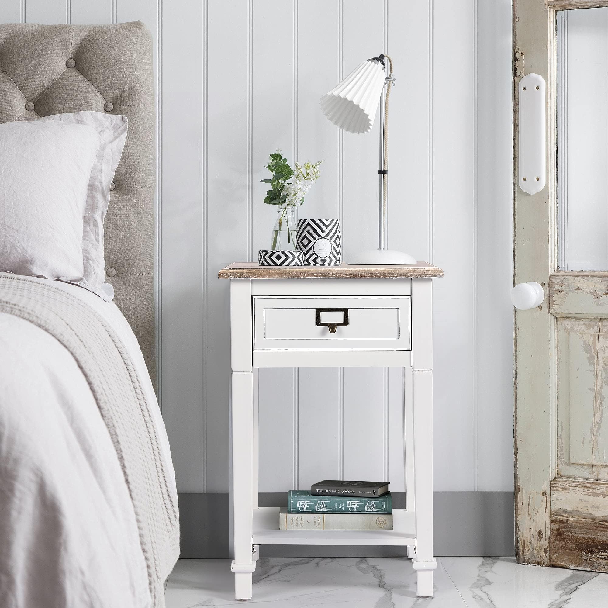 Rustic Farmhouse End Table with Drawers & Open Shelf - Handcrafted Wooden Nightstand for Living Room, Bedroom - Set of 2 White Accent Tables - Perfect for Cozy Home Decor & Small Space Storage