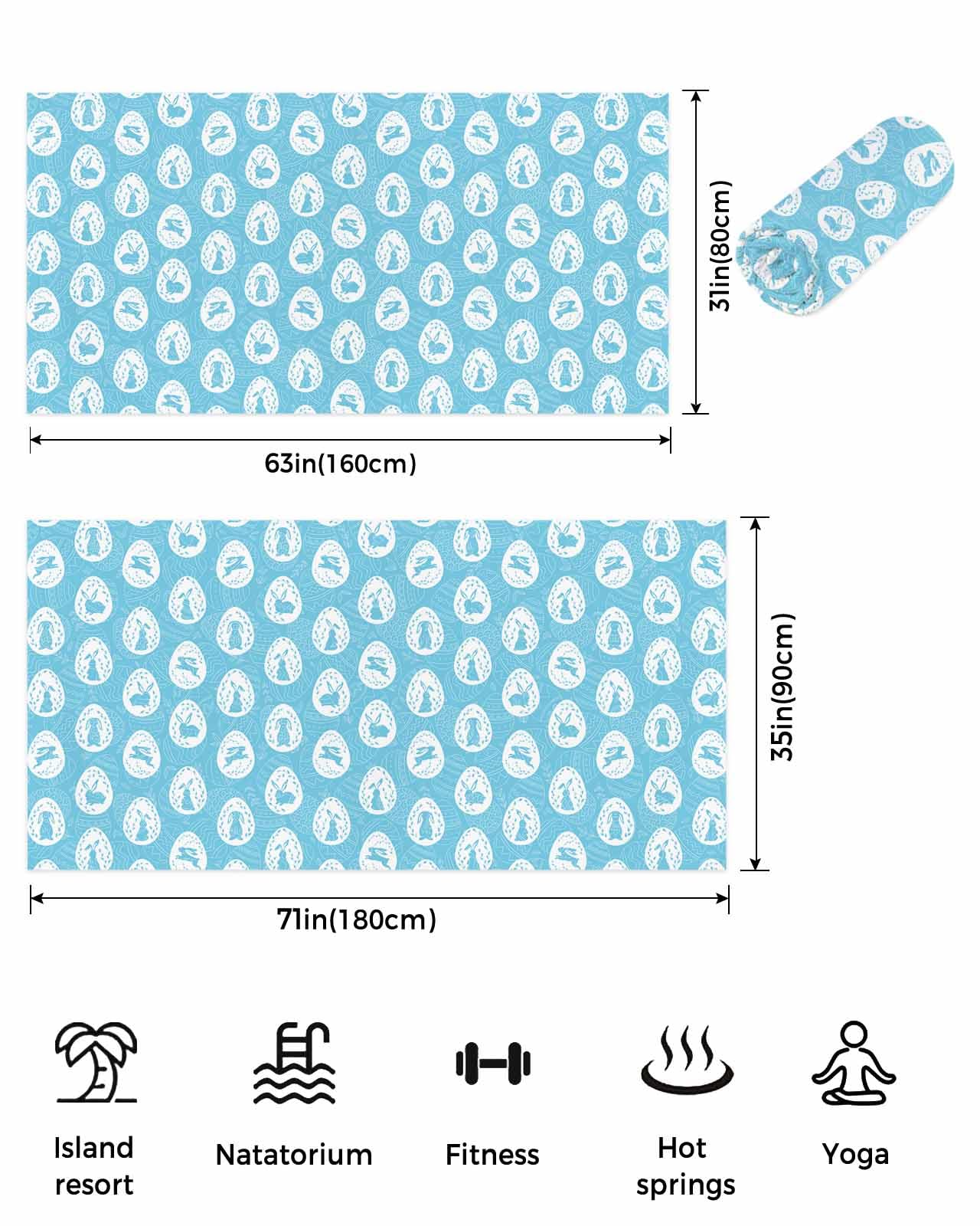 Blue Easter Beach Towel - Super Absorbent Quick Dry Sandproof Towel 35x71 inches for Adults & Kids - Watercolor Bunny & Easter Egg Design - Perfect for Pool, Travel, Camping, Beach & Bath
