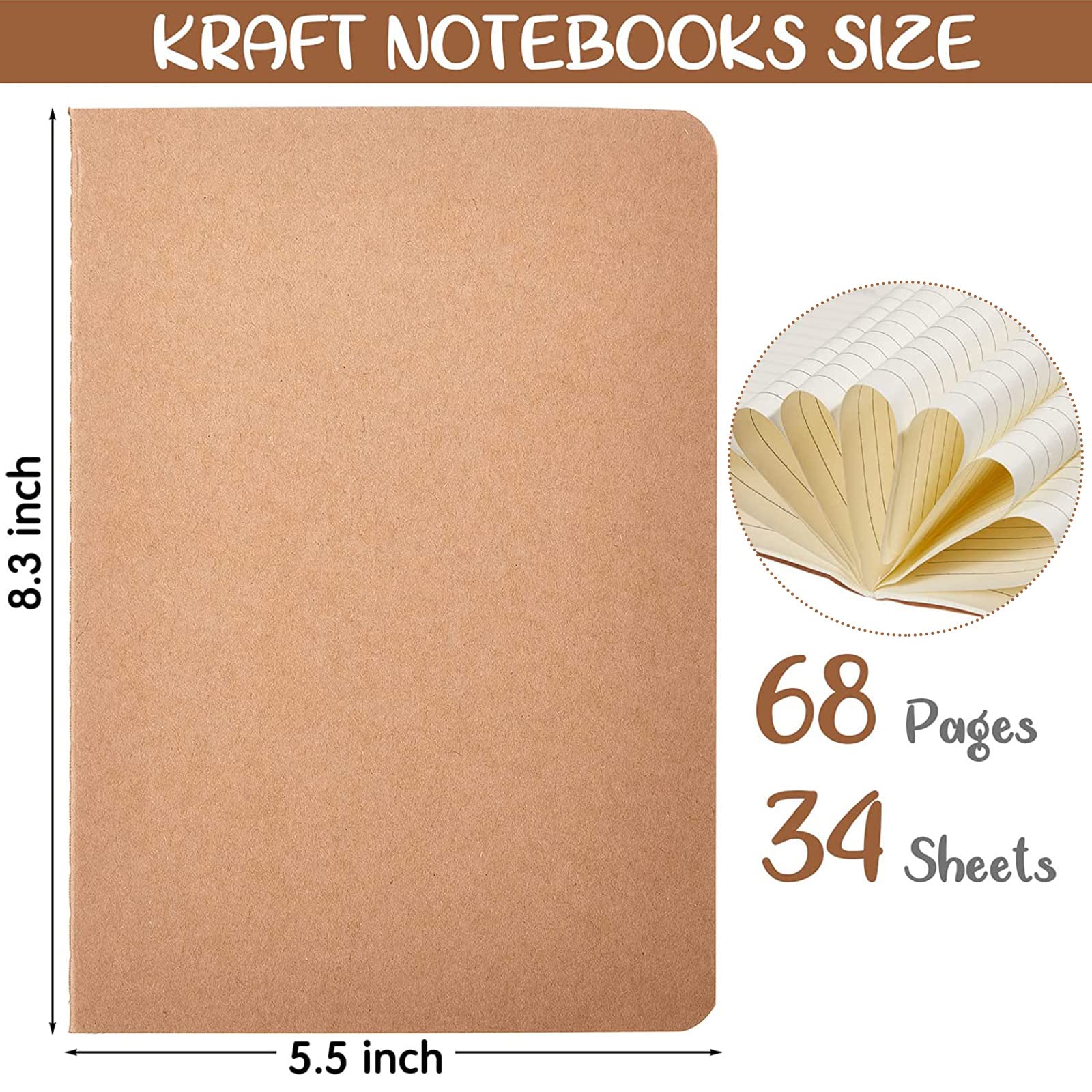 48-Pack A5 Kraft Paper Notebooks - 8.3 x 5.5 Inch Blank Journals for Travelers, Students & Office Use - 68 Pages/34 Sheets Bulk Journals (Mixed Styles) - Perfect for Journaling, Note-Taking, Sketching & Gift Giving