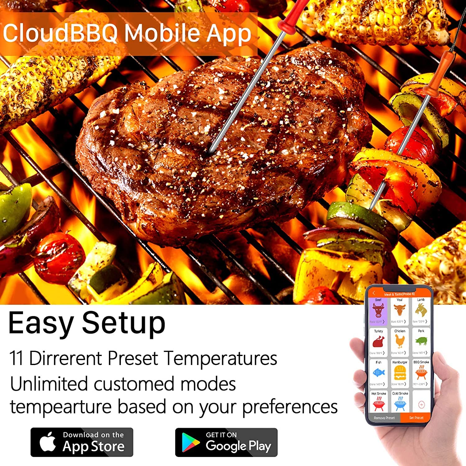 500FT Wireless Bluetooth Meat Thermometer with 4 Probes - Digital Kitchen Cooking Thermometer for Grilling, Smoking, Oven & BBQ - Perfect for Backyard Cookouts, Camping & Home Chefs (FS-52)