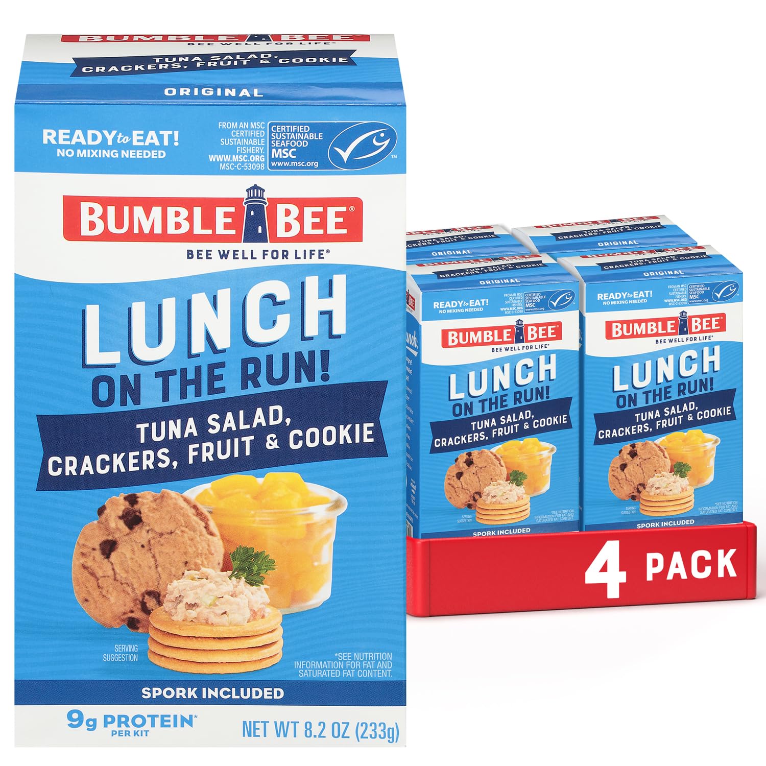 Bumble Bee Lunch On The Run Tuna Salad Kit with Crackers, Cookie & Peaches - 8.2 oz (Pack of 4) - Ready to Eat, Wild Caught Tuna - Shelf Stable, High Protein Snack for Office, School, Travel & Outdoor Activities