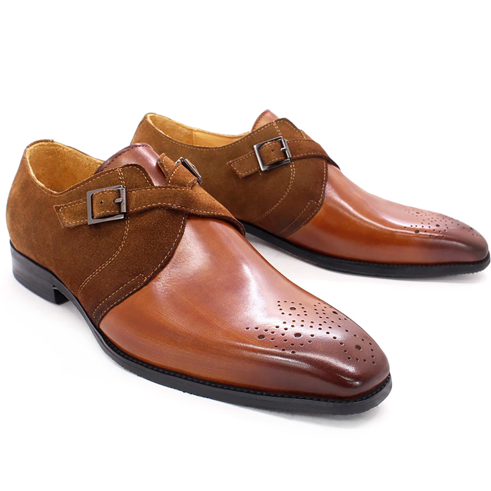 Men's Oxford Dress Shoes - Buckle Slip On Monk Strap Leather Shoes | Non-Slip Brogues for Wedding & Office | Brown Size 39 | Classic Formal & Business Attire