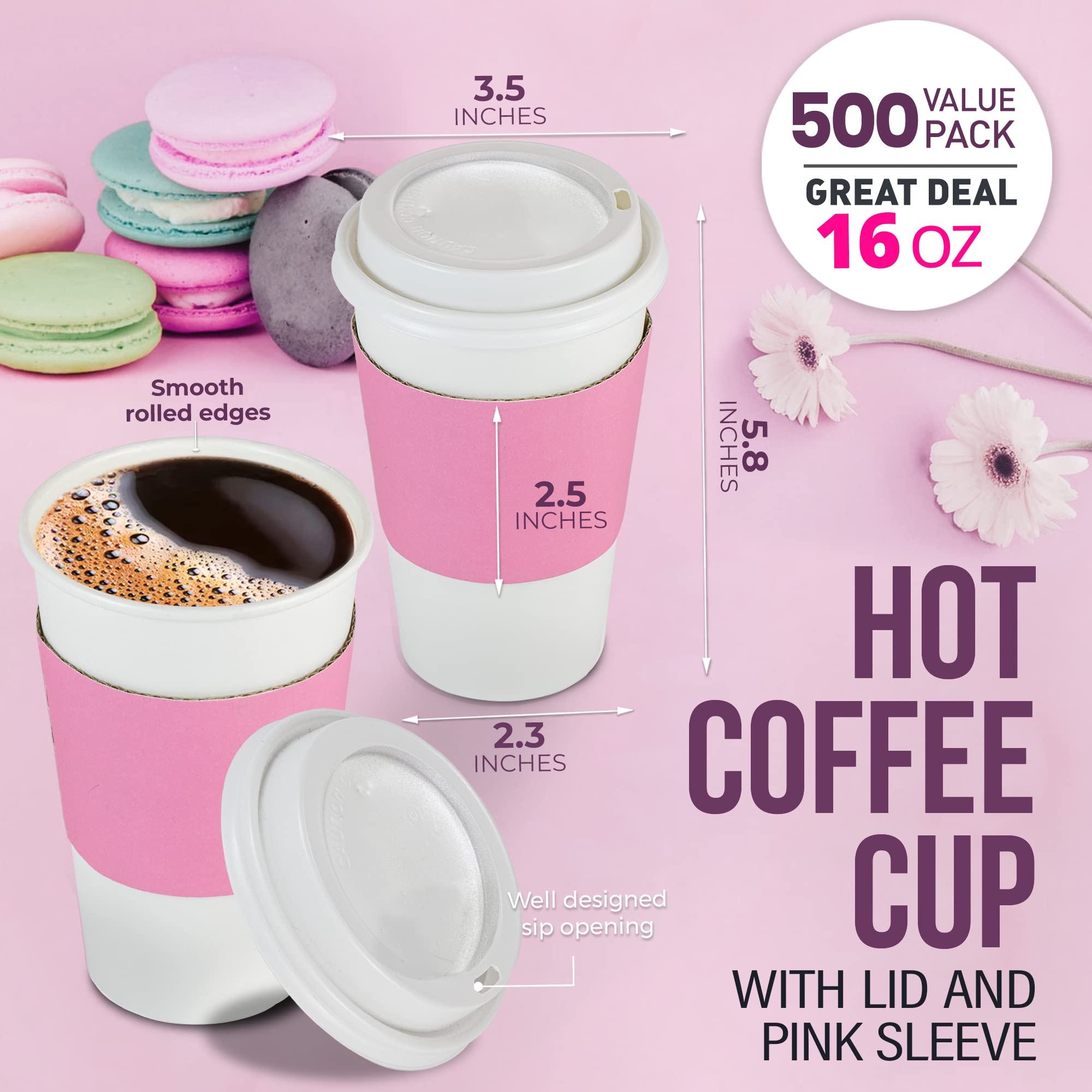 500 Pack 16oz Disposable Coffee Cups with Lids & Pink Sleeves - Lead-Free Sturdy To-Go Hot Paper Cups for Coffee, Tea, Hot Chocolate - Perfect for Parties, Weddings, Birthdays, Office & Cafes (White Lids)
