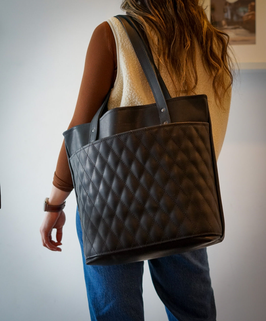 Premium Diamond Stitch Tote Bag - Flat Black - Stylish & Durable Shopping Bag for Women - Perfect for Groceries, Beach, Work & Travel