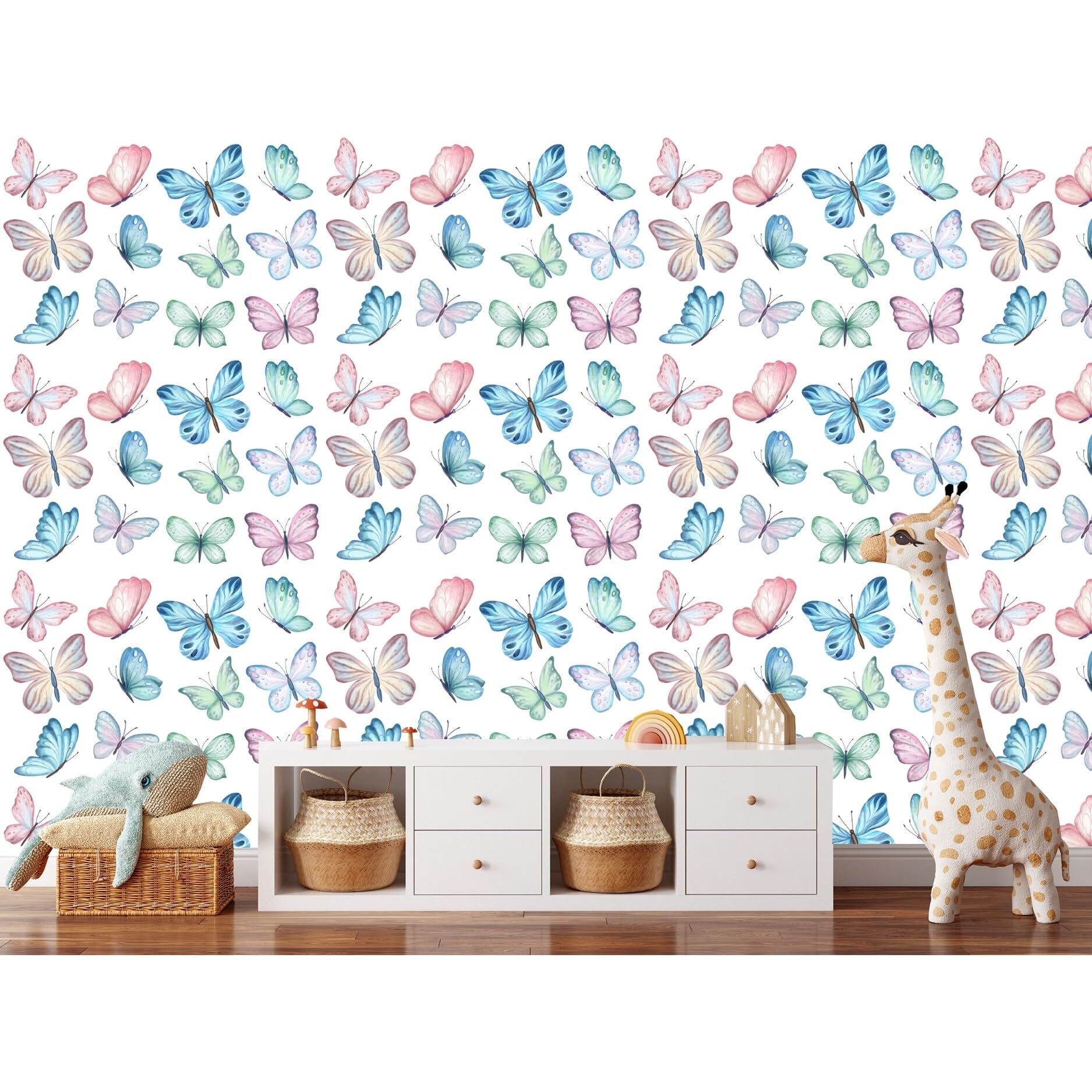 Watercolor Nursery Butterflies Peel and Stick Wallpaper - Self-Adhesive Removable Wall Decor for Baby Room, Kids Bedroom & Nursery - Easy to Apply & Remove