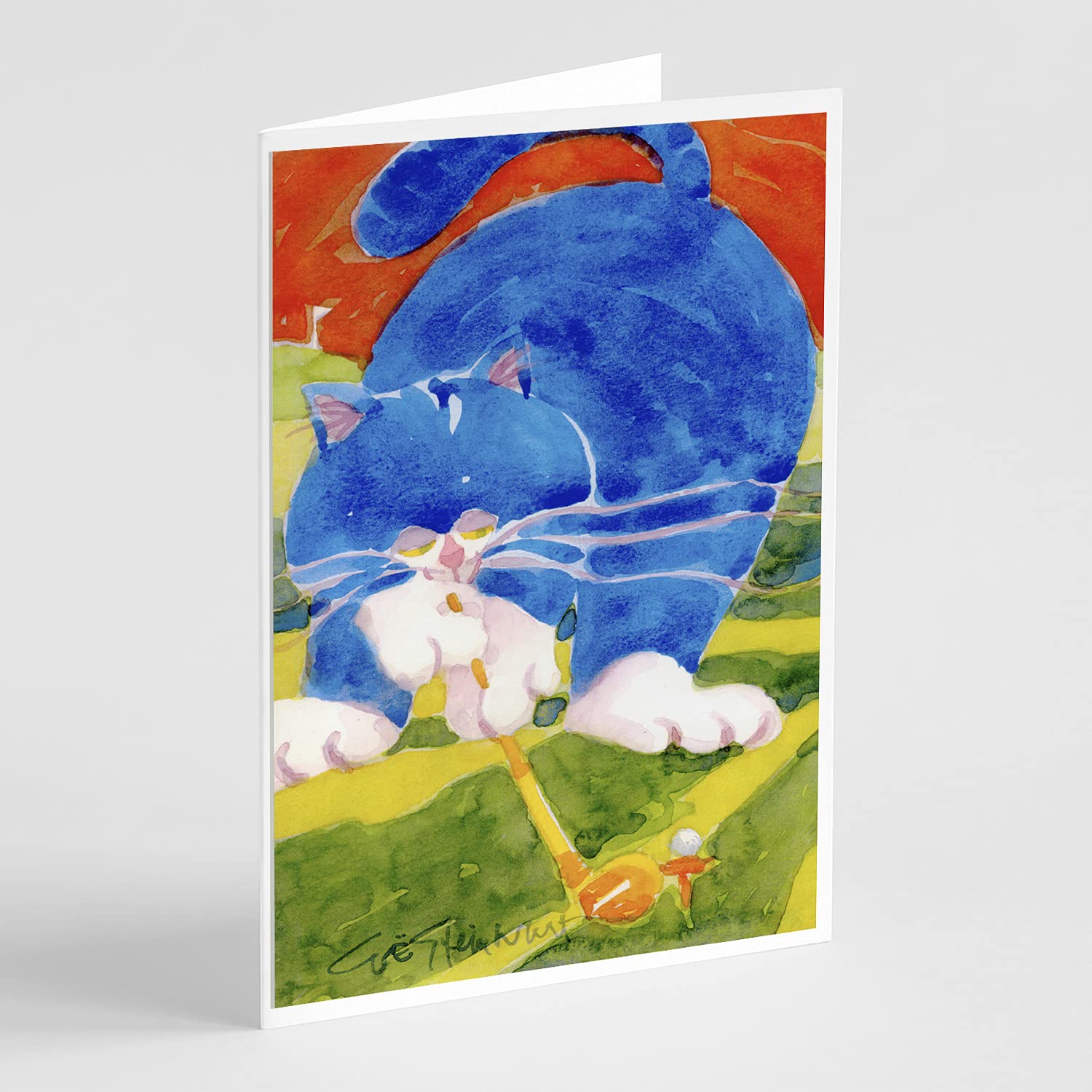 Big Blue The Cat Golfer Greeting Cards - Pack of 8 Blank A7 Note Cards (5x7 Inches) with Envelopes - Whimsical Cat Lover Stationery for Golf Enthusiasts, Birthday Wishes & Thank You Notes