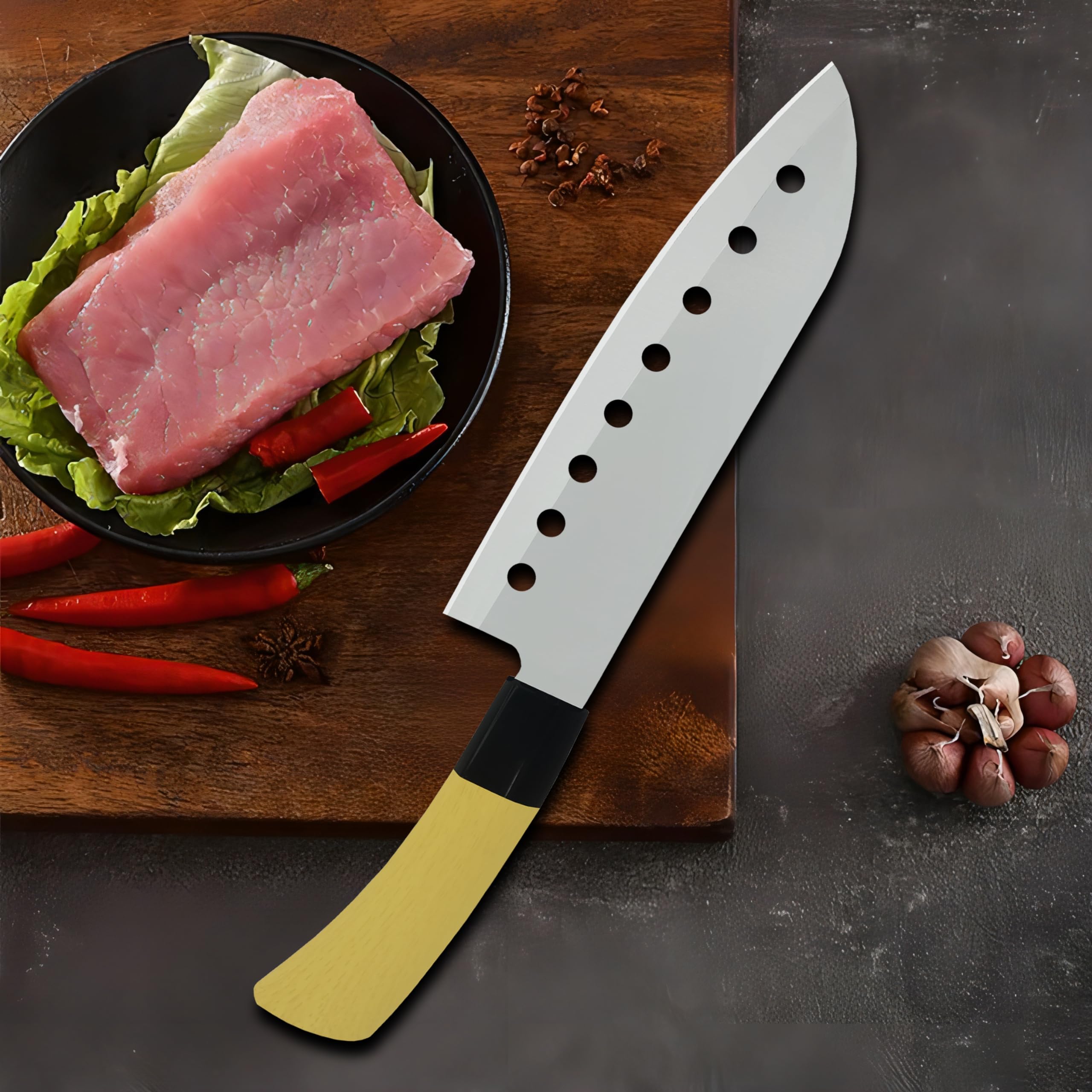 ATARC AT-135 7-Inch Japanese Santoku Knife with Non-Stick Holes - Ultra Sharp Stainless Steel Blade for Meat, Chicken, Cheese, Vegetables & Fruits - Ergonomic Handle (Yellow) - Perfect for Home Kitchen, Professional Chefs & Food Prep