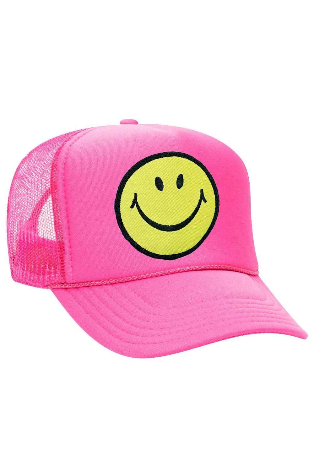 Aviator Nation Women's Vintage Smiley Face Trucker Hat - Neon Pink | Retro Baseball Cap for Casual Wear, Music Festivals & Outdoor Activities