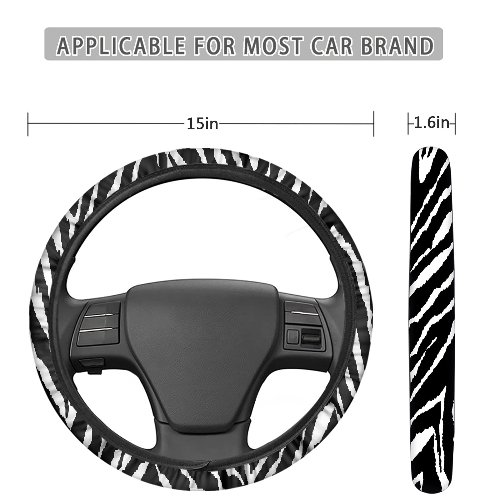 Zebra Print Car Steering Wheel Cover Set with Center Console Armrest Cover & Seat Belt Shoulder Pads - 4 Piece Car Interior Accessories for Women | Comfort & Style for Daily Commute & Road Trips