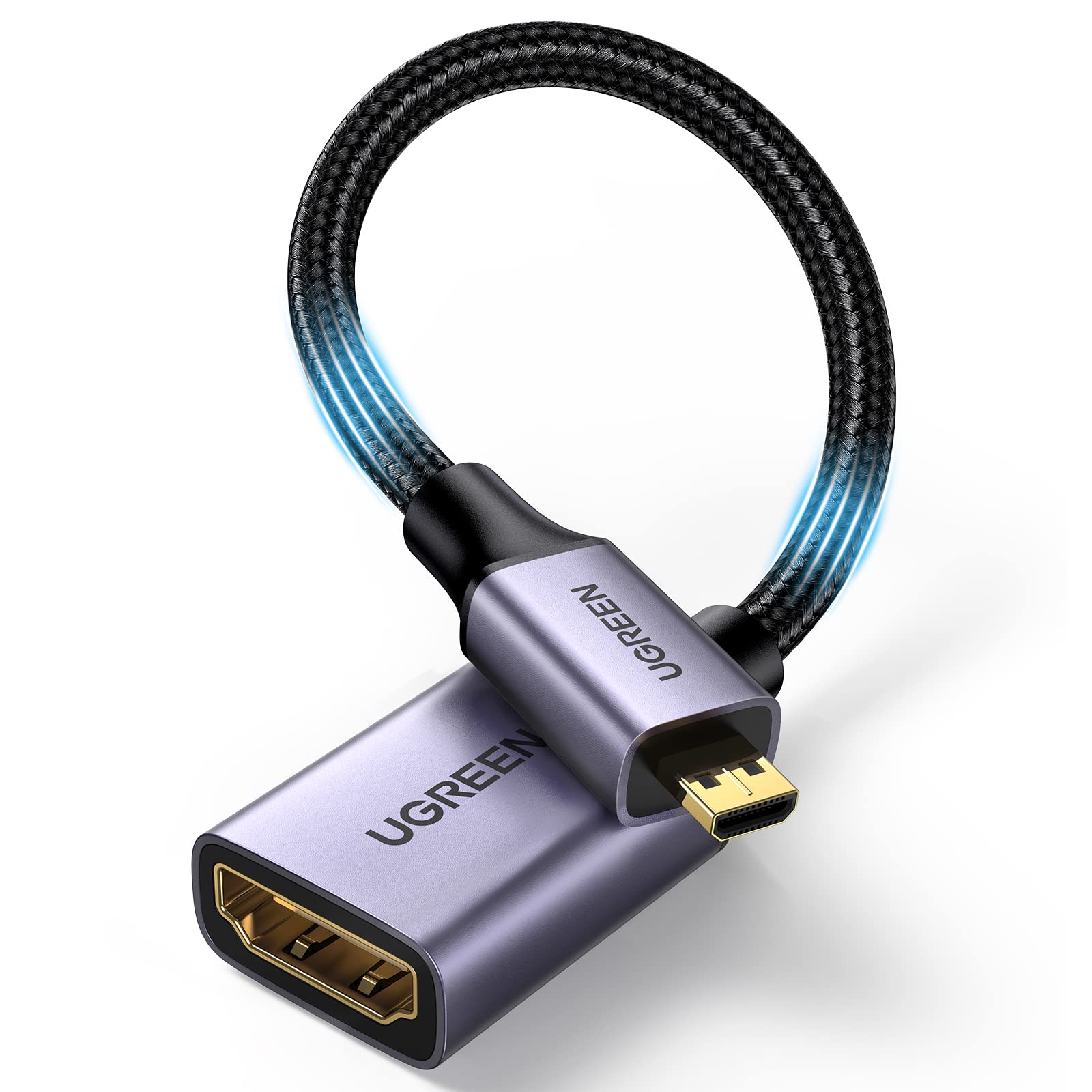 UGREEN Micro HDMI to HDMI Adapter 4K 60Hz HDR - High Speed HDMI 2.0 Cable with Nylon Braided - Supports 3D, Ethernet & ARC - Compatible with Raspberry Pi 4, GoPro Hero 7, ASUS Zenbook, Lenovo Yoga - Perfect for Home Theater, Gaming & Office Setup (25cm)