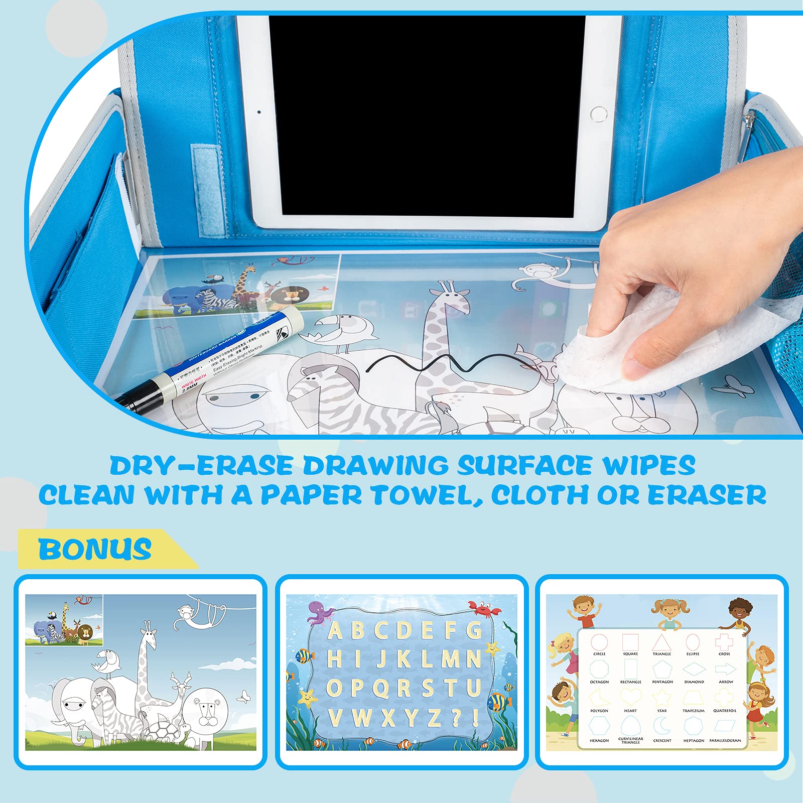 Kids Travel Tray with Dry Erase Board & Storage Pocket - 2 Pack (Blue & Pink) for Car Rides, Airplane Trips & Road Trips - Portable Activity Tray for Toddlers & Children