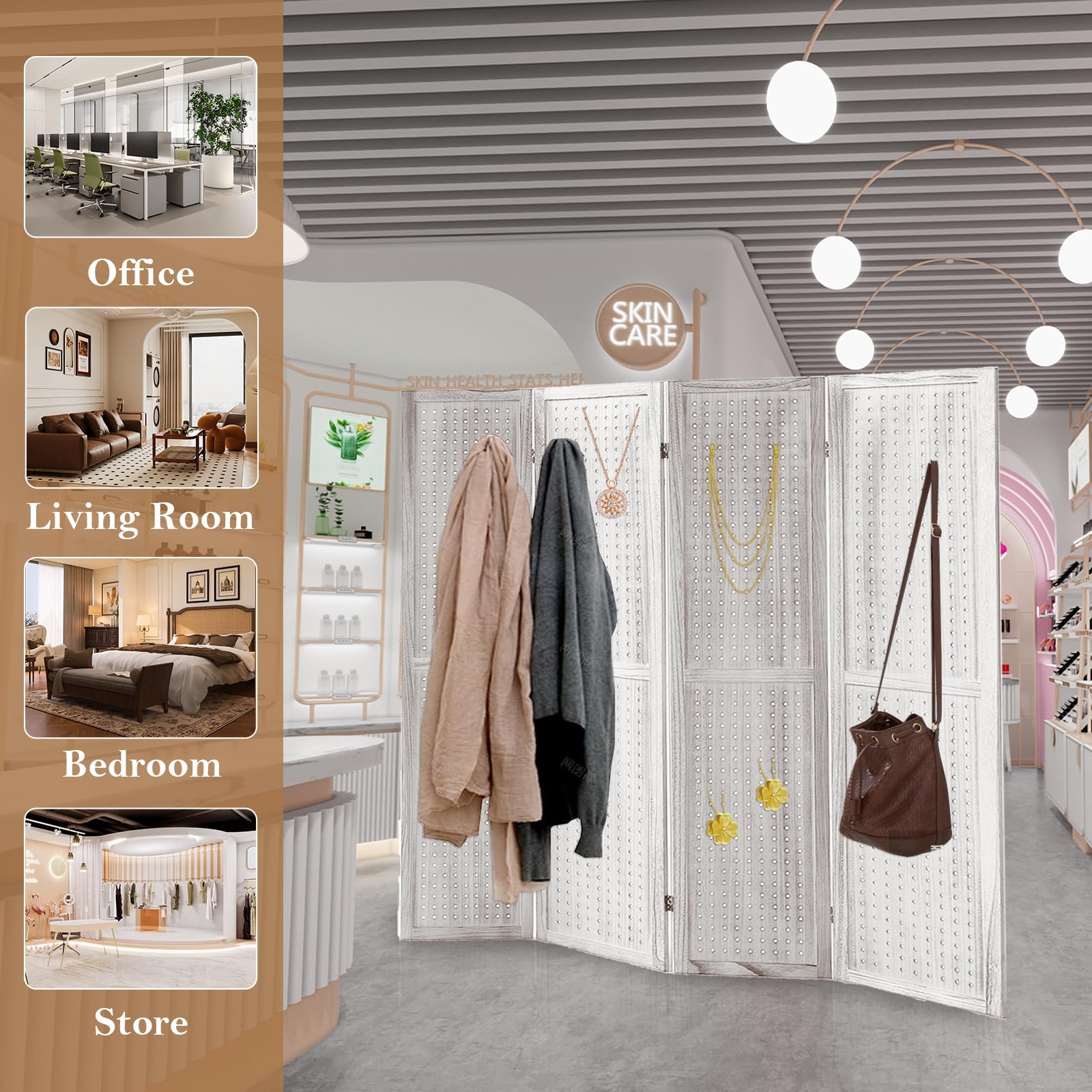 4 Panel Wooden Room Divider - 5.6Ft Folding Privacy Screen & Pegboard Display for Bedroom, Store, Jewelry Organizer | Portable Partition for Home Office, Retail Shop & Event Booth (White)