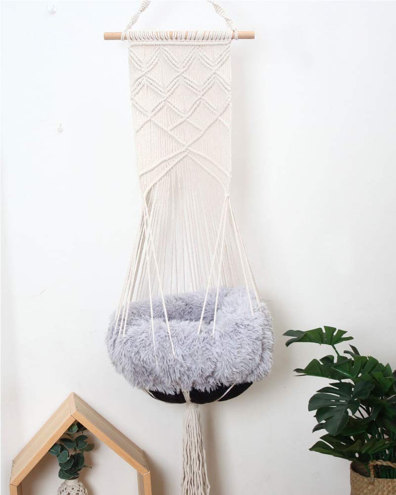 Petlex Macrame Hanging Shelf Cat Hammock Bed - Indoor Cat Swing with Mat, Swinging Cat Chair 15.7