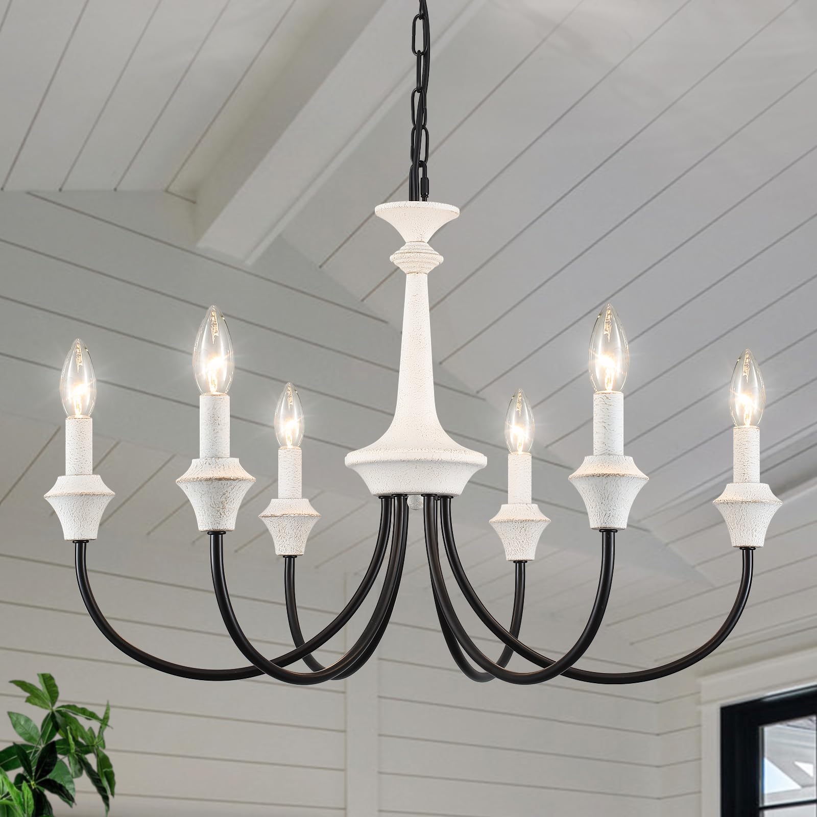 Distressed White & Black 6-Light French Country Farmhouse Chandelier - Rustic Dining Room Lighting Fixture, Industrial Candle Pendant Light for Kitchen, Living Room, Bedroom | Perfect for Farmhouse Decor, Wedding Centerpiece & Cozy Home Ambiance